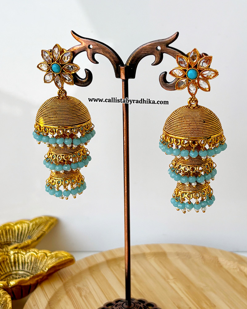 Image of 3 Layer Jhumka with Aqua Blue bead drops
