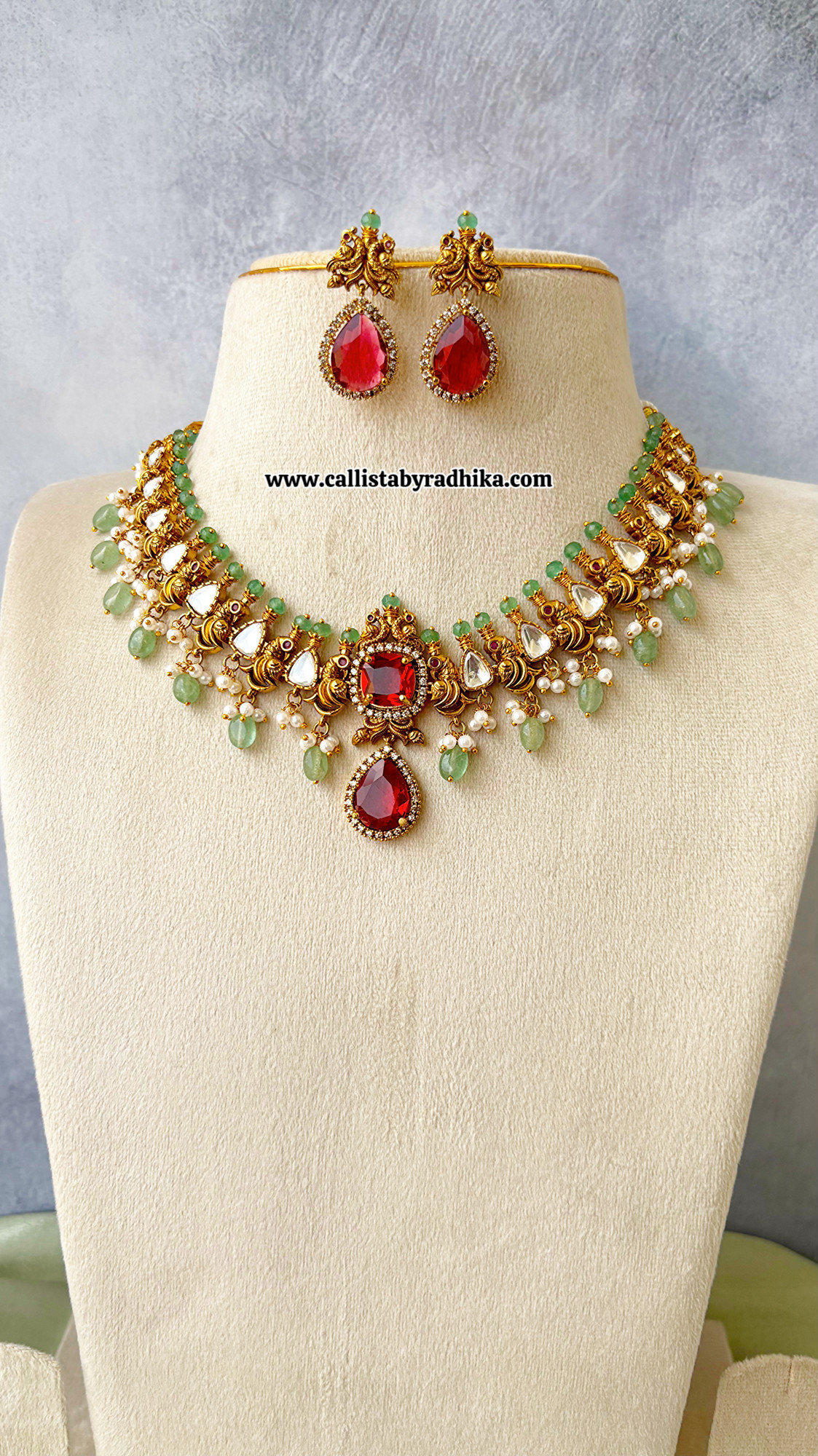 Moissanite Red Choker with green drops