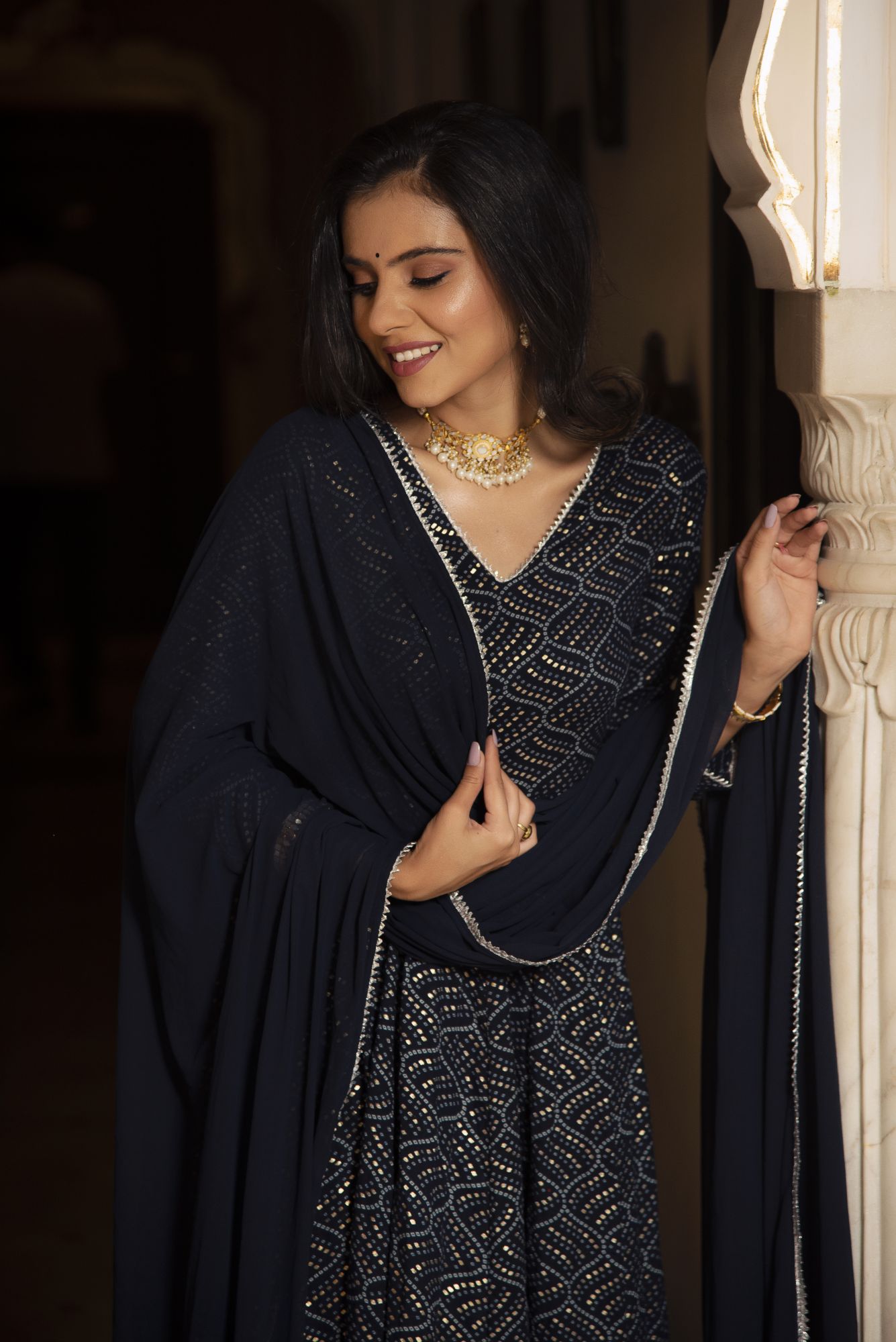 Navy Blue Printed Anarkali Suit Set