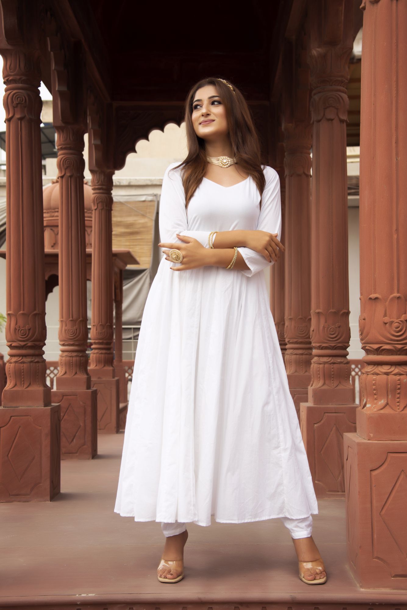 White Anarkali Suit Set with Sky Blue Embroided Dupatta