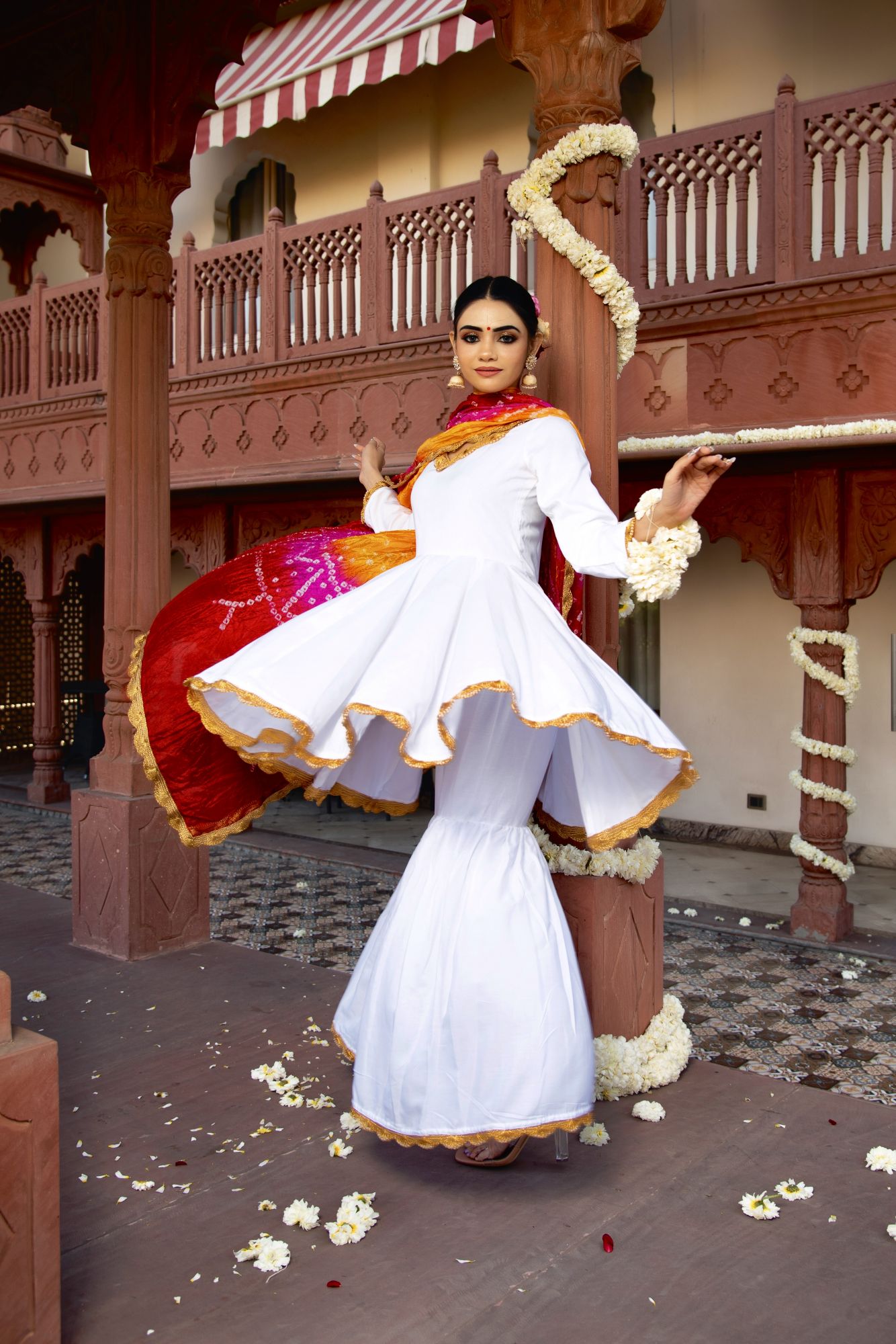 White Bhandhej Gotapatti Sharara Set