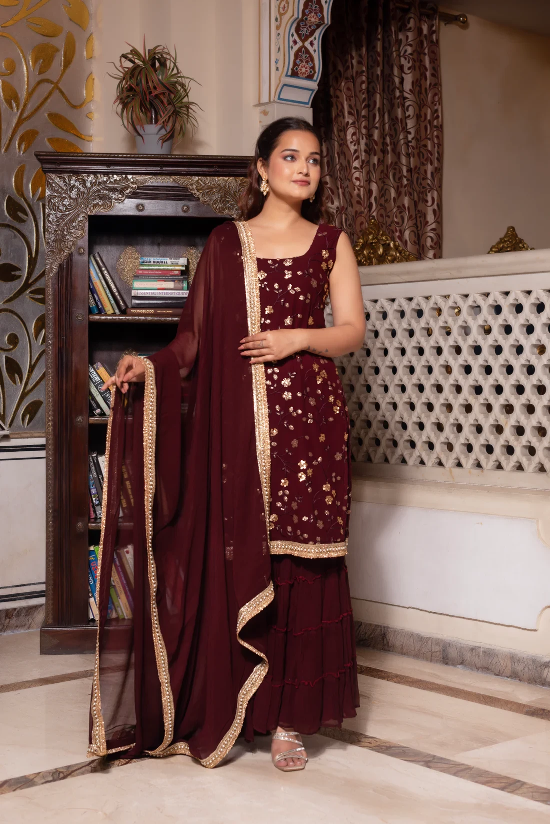 Maroon Embroidery Sharara Set