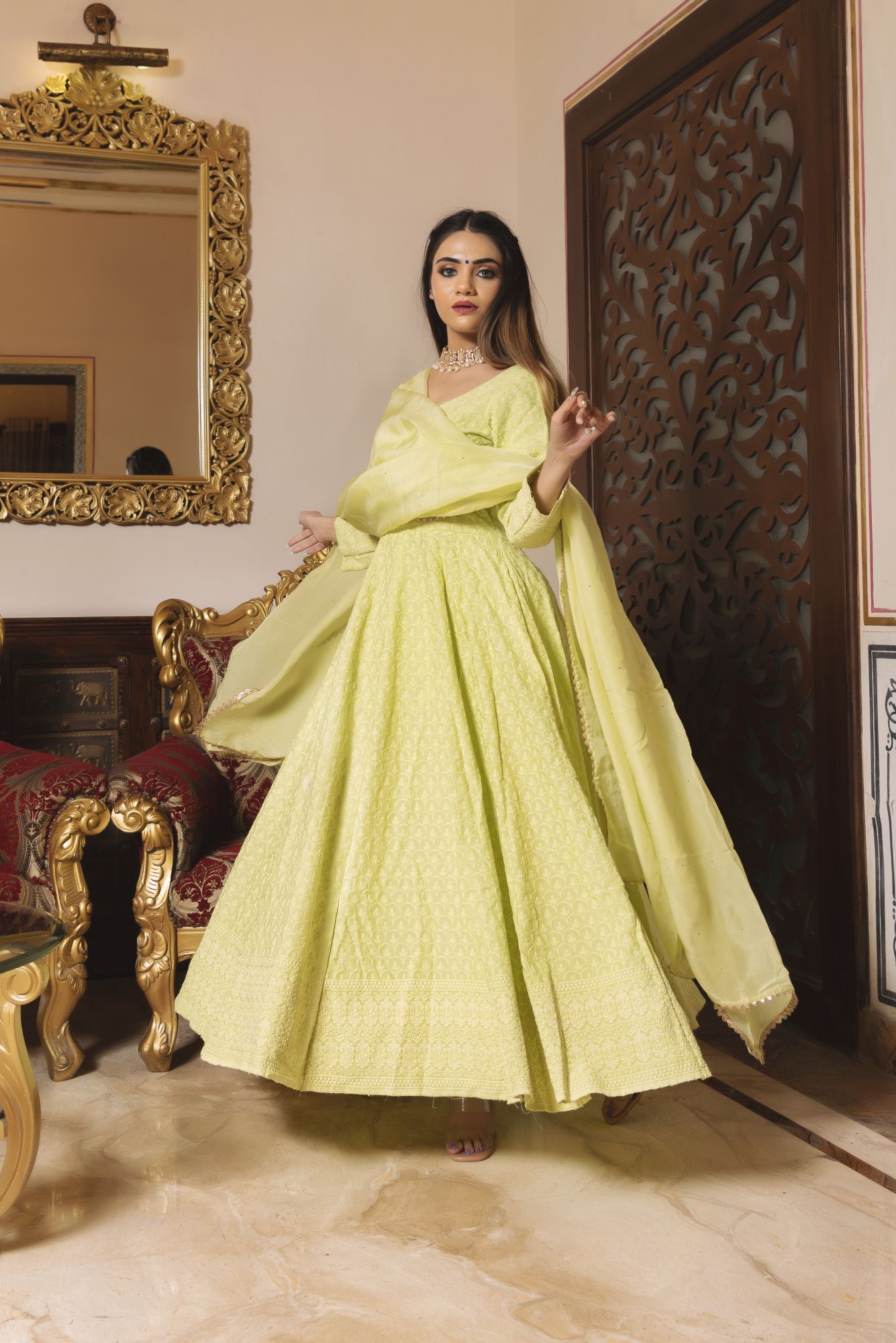 Pop Mint Chikankari Anarkali Suit Set