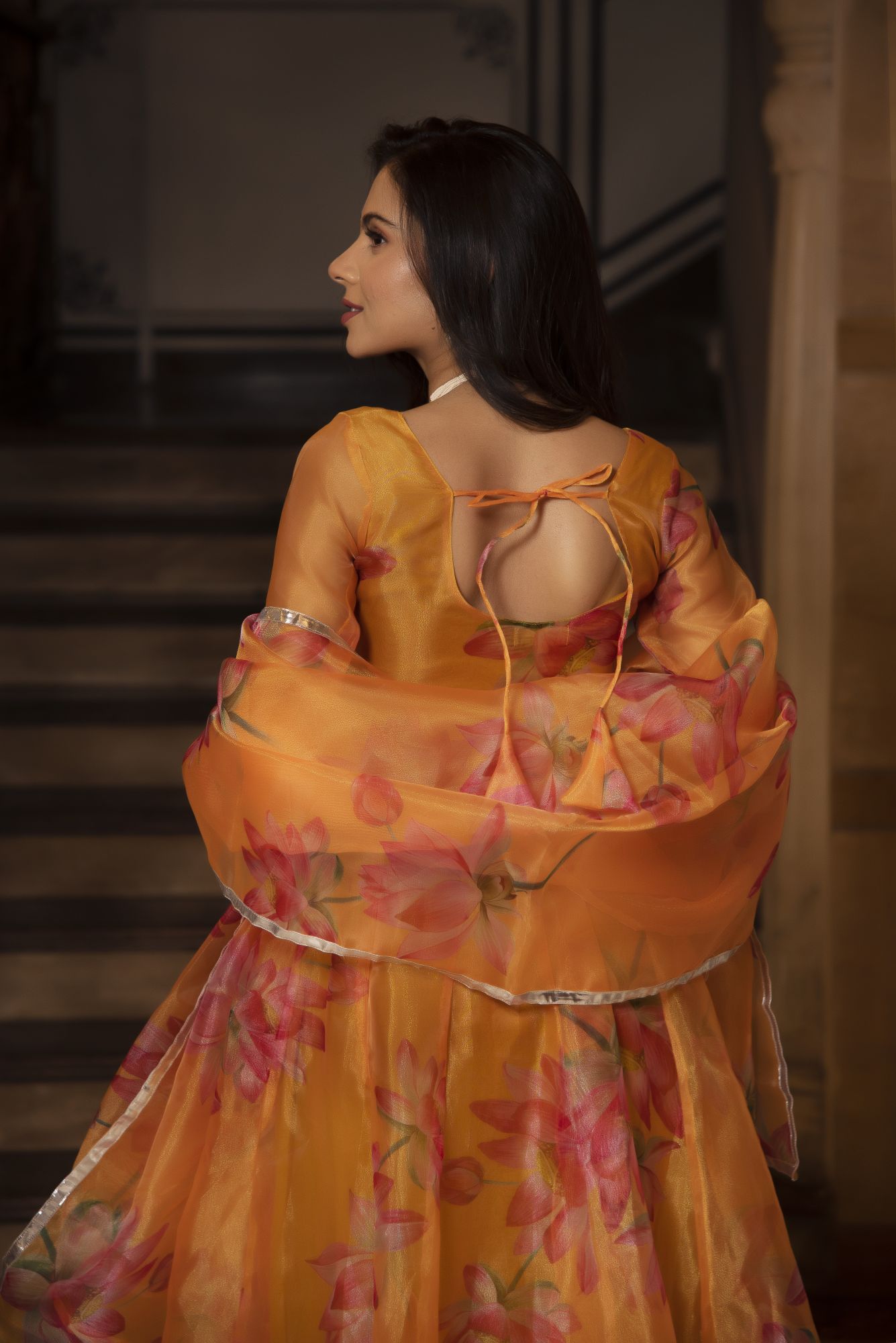 Orange Floral Anarkali Suit Set