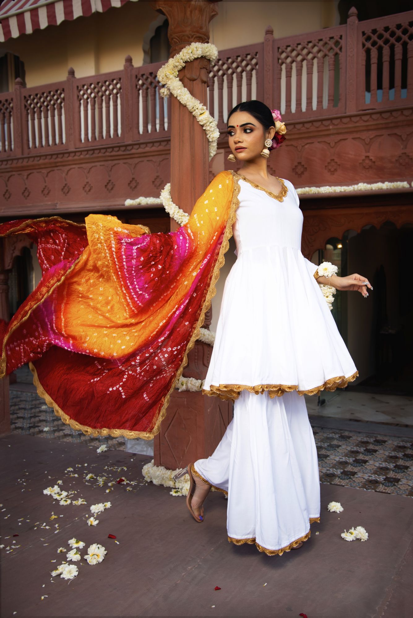 White Bhandhej Gotapatti Sharara Set