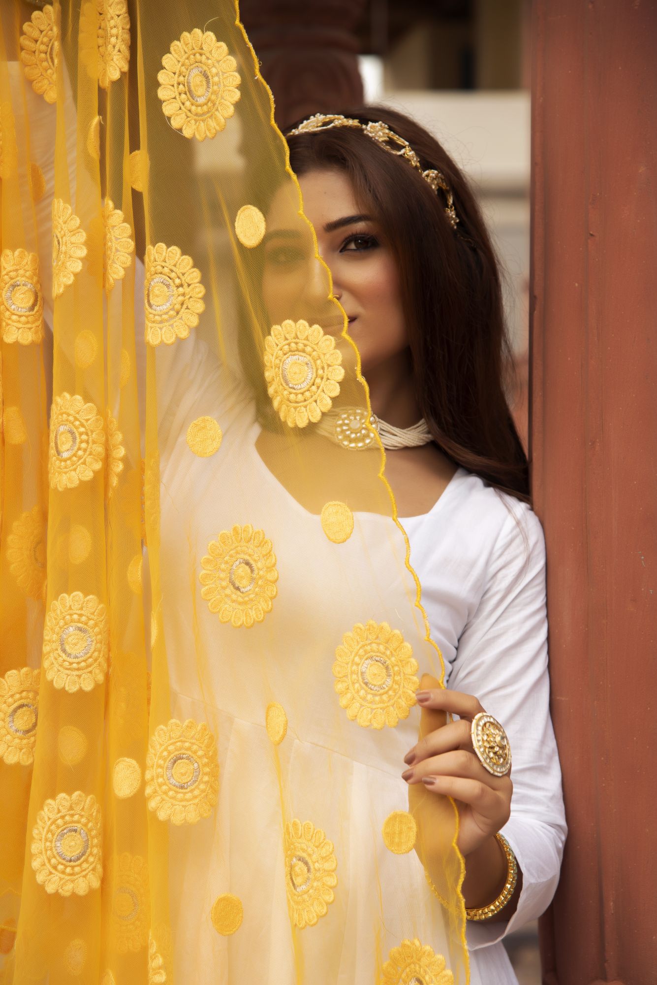 White Anarkali Suit Set with Yellow Embroided Dupatta