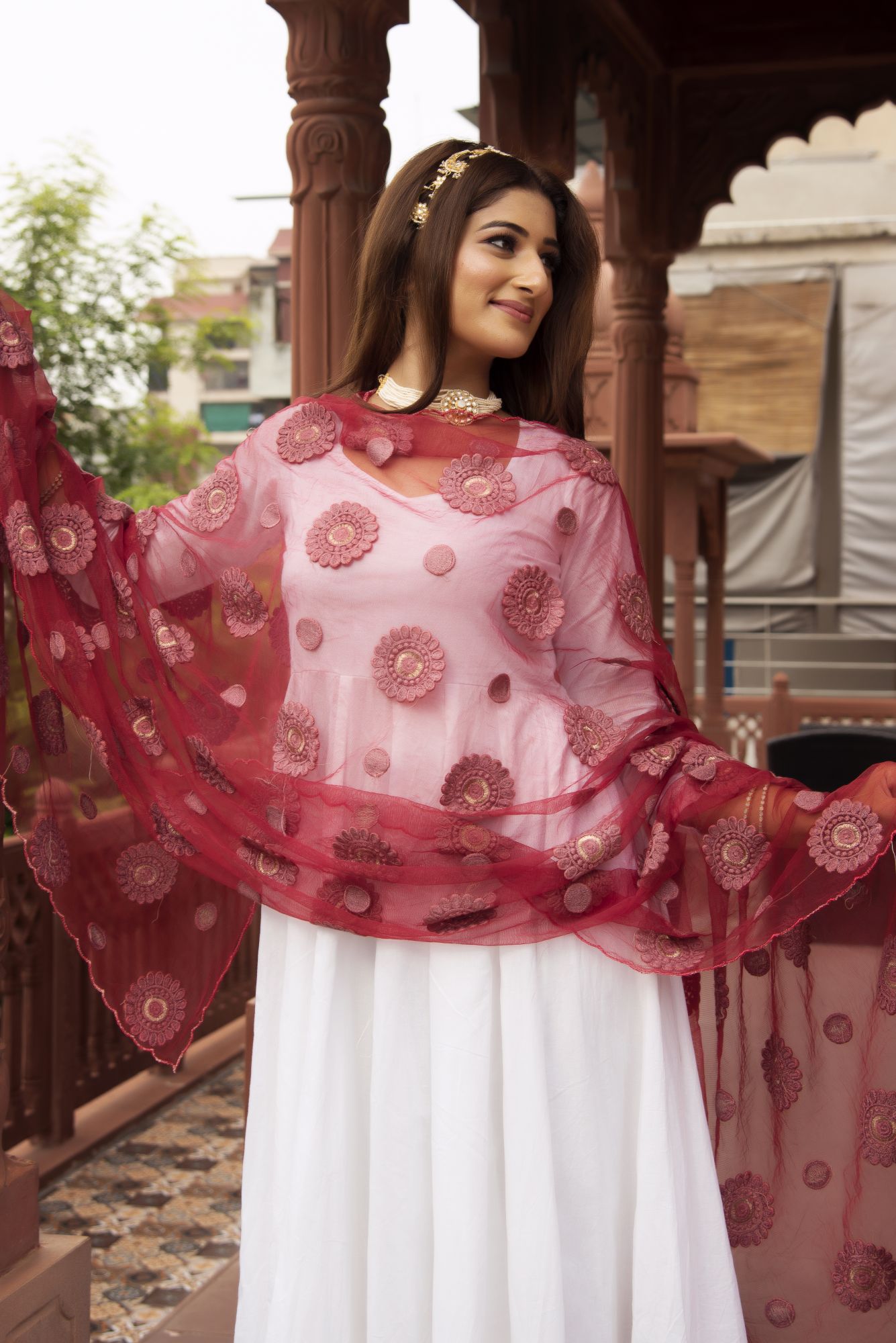 White Anarkali Suit Set with Maroon Embroided Dupatta