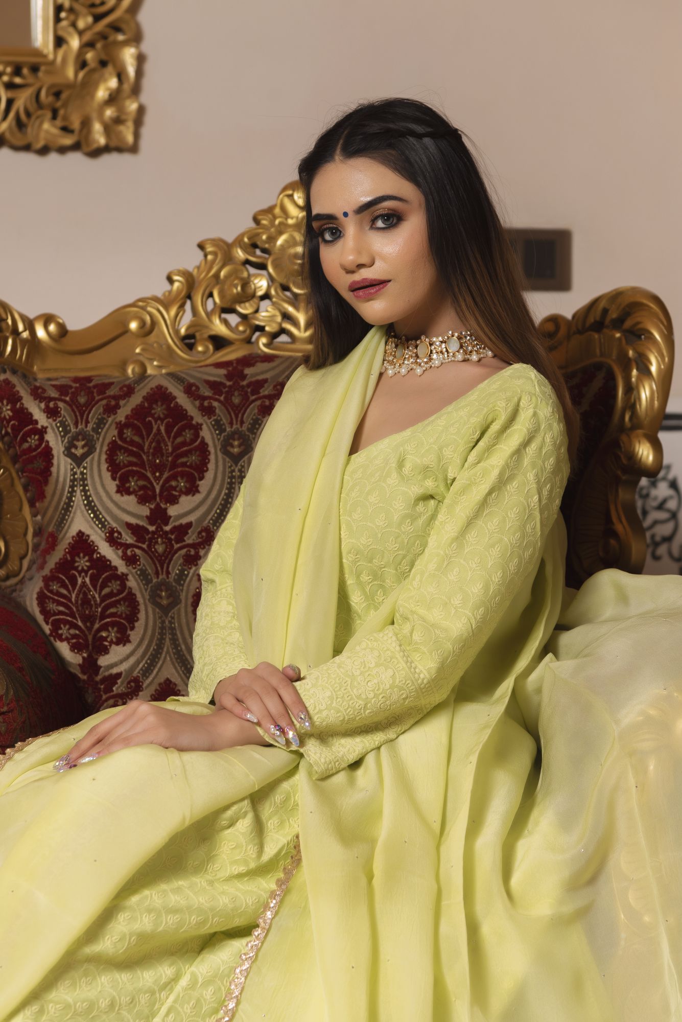 Pop Mint Chikankari Anarkali Suit Set