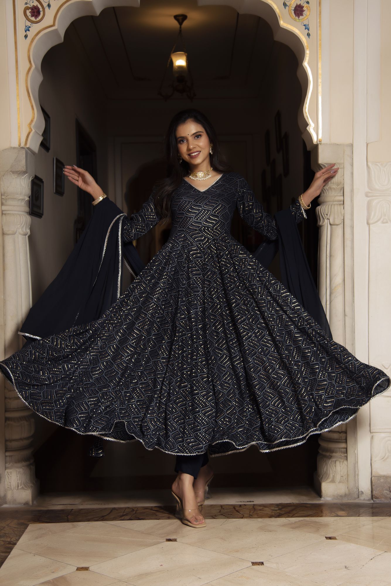 Navy Blue Printed Anarkali Suit Set