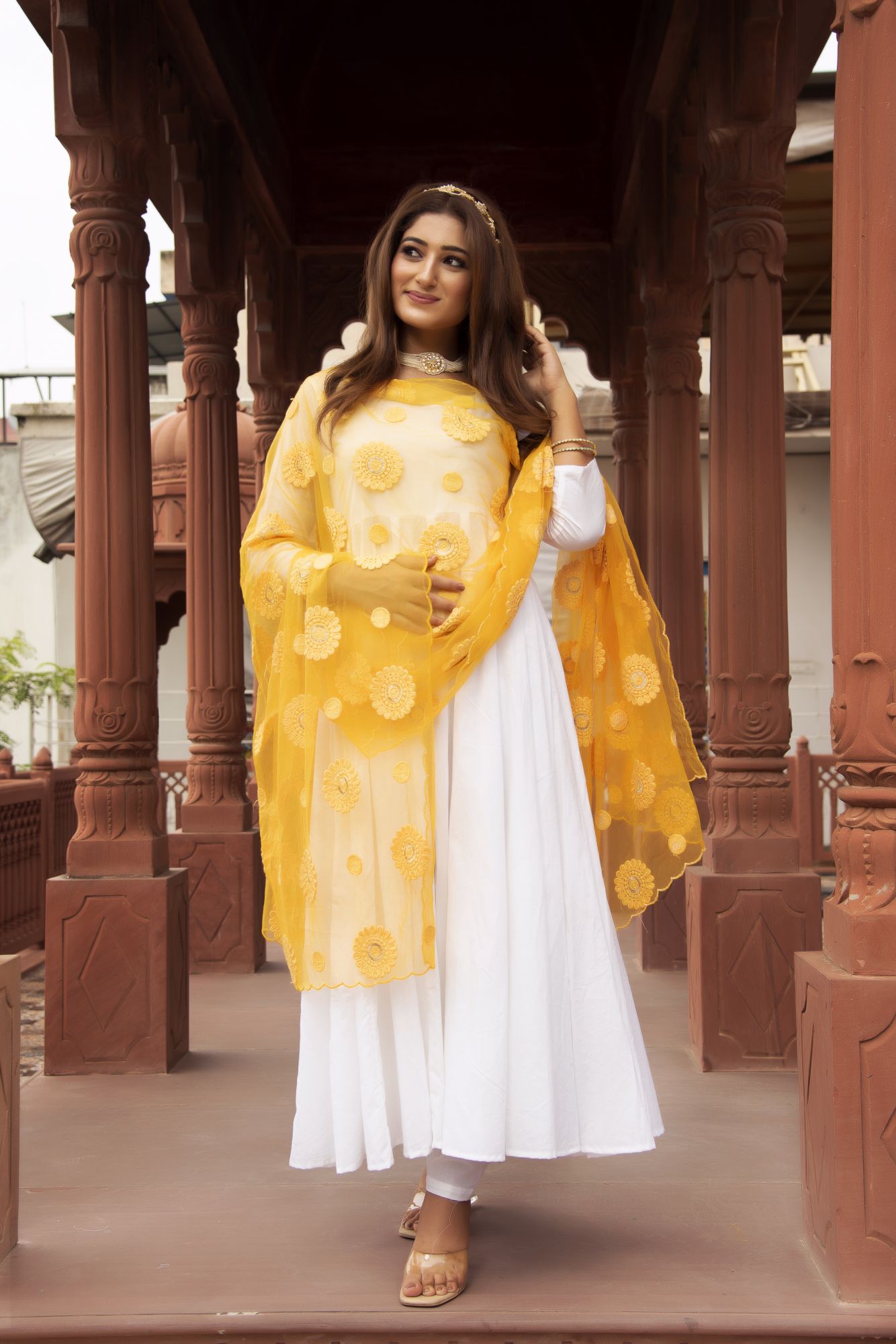 White Anarkali Suit Set with Yellow Embroided Dupatta