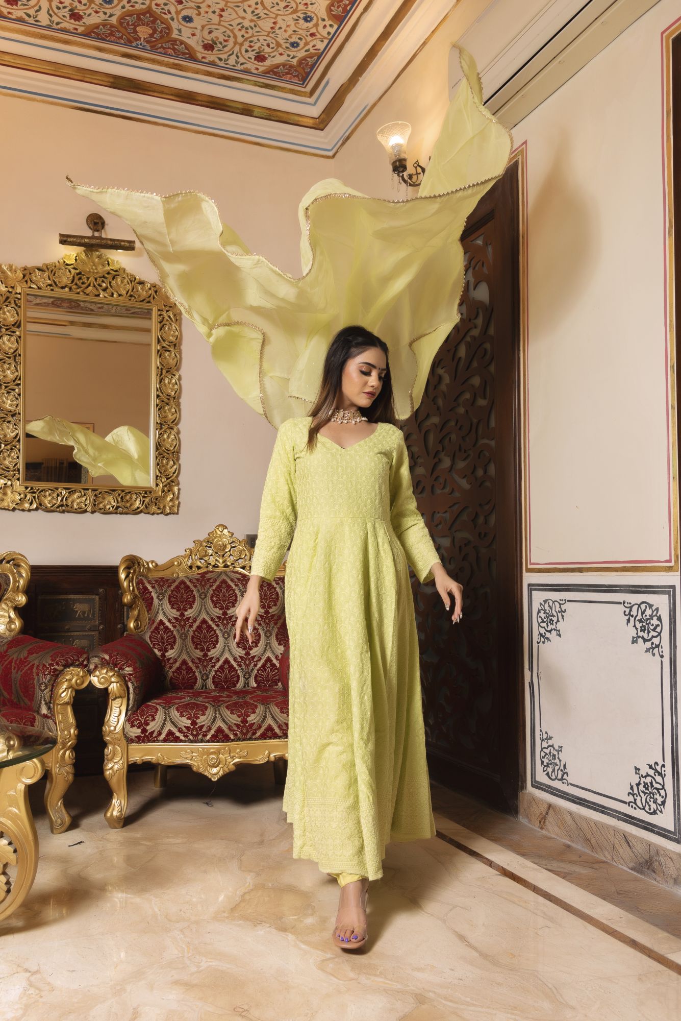 Pop Mint Chikankari Anarkali Suit Set