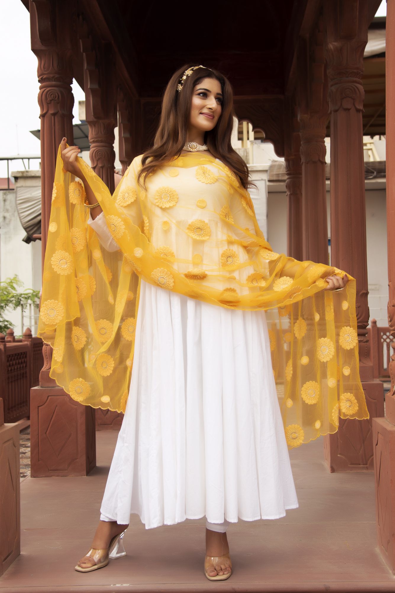 White Anarkali Suit Set with Yellow Embroided Dupatta