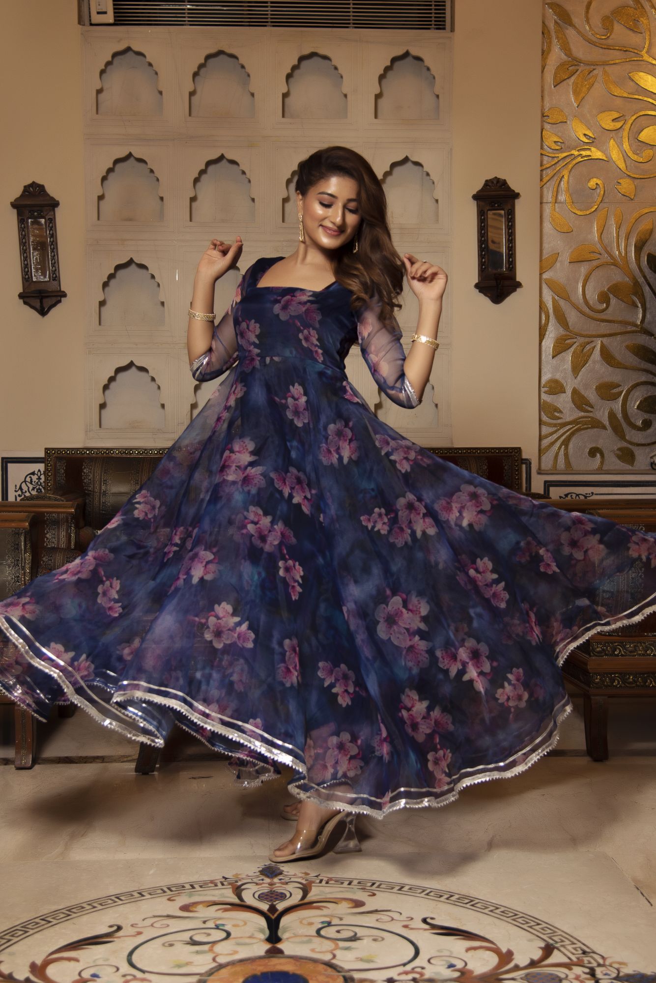 Evening Blue Floral Anarkali Suit Set
