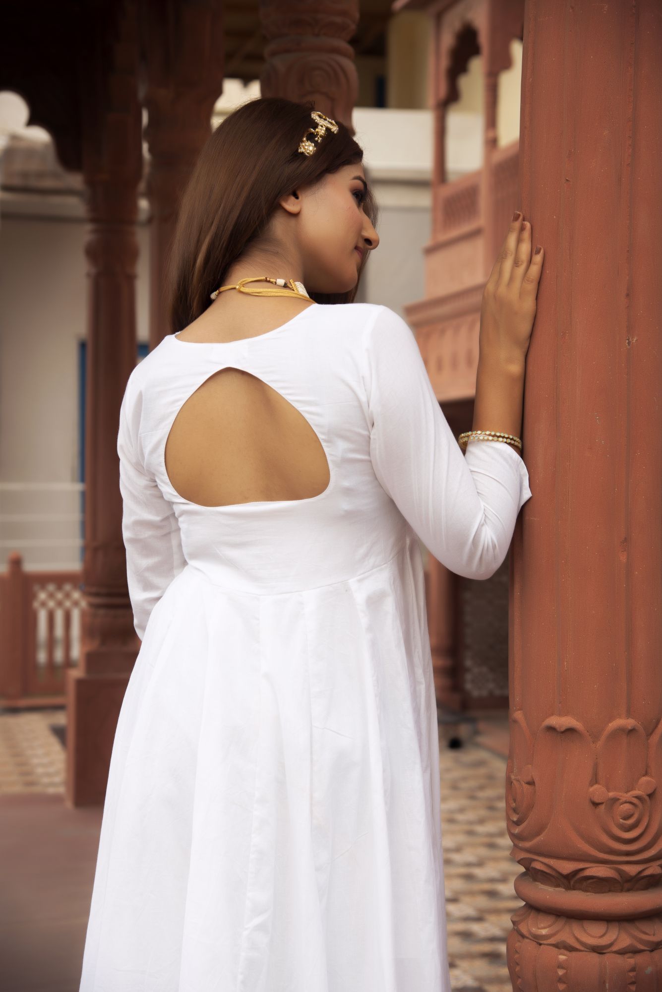 White Anarkali Suit Set with Purple Embroided Dupatta