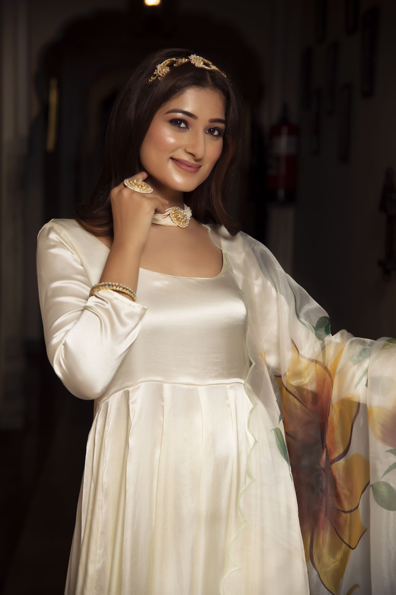 Pearl Satin Anarkali Suit Set with Sunflower Dupatta