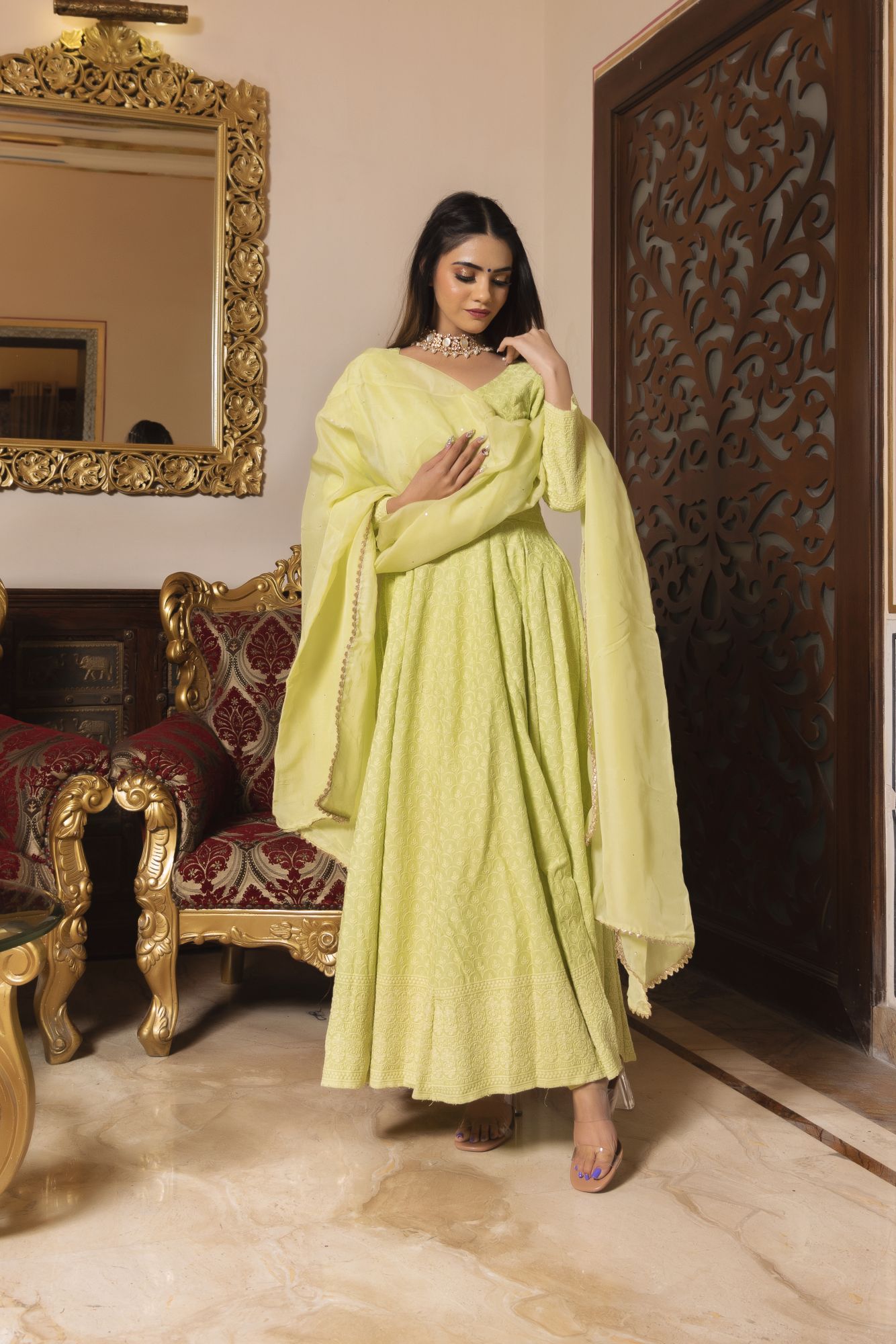 Pop Mint Chikankari Anarkali Suit Set