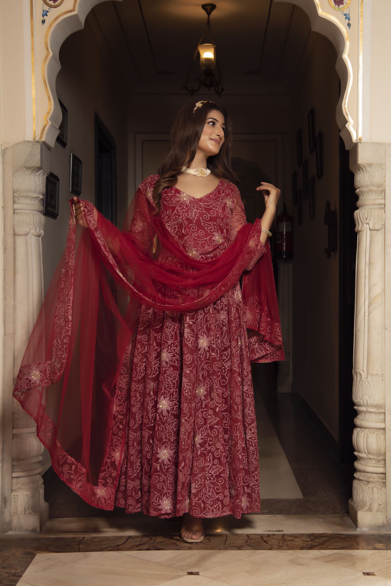 Maroon Embroided Anarkali Suit Set