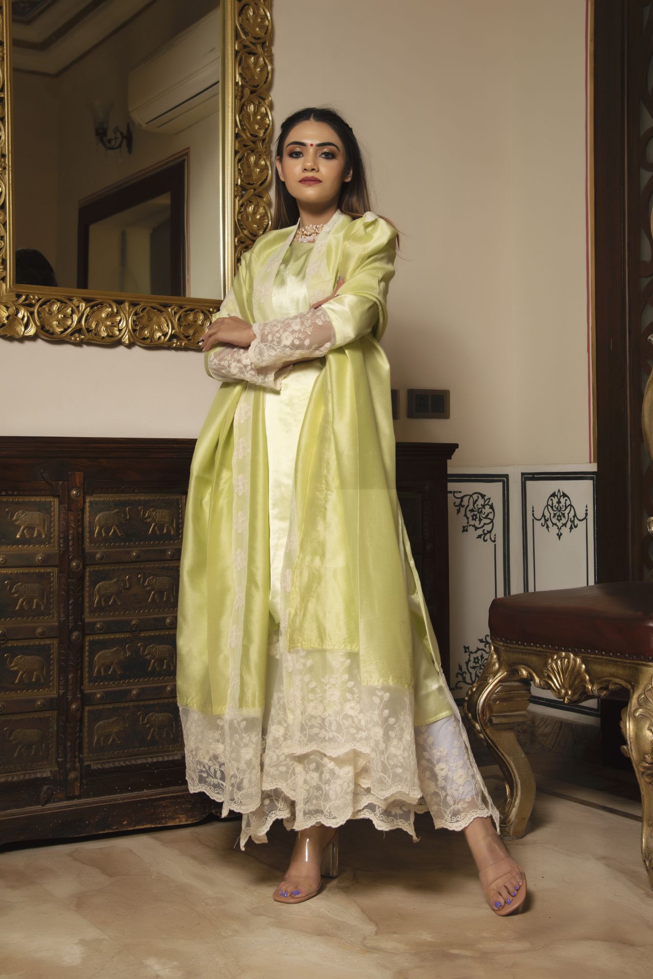 Greeny Shine Satin Suit Set