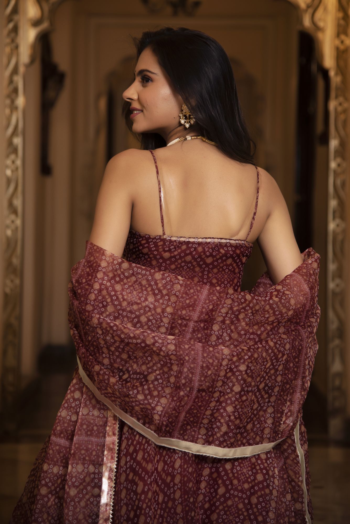 Bhandhej Brown Organza Gotapatti Anarkali Suit Set