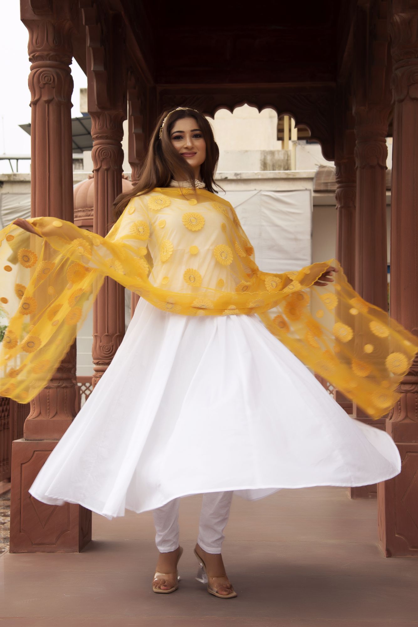 White Anarkali Suit Set with Yellow Embroided Dupatta