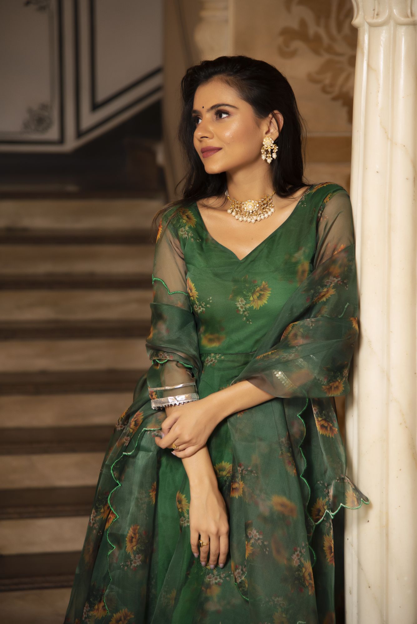 Green Garden Floral Anarkali Suit Set