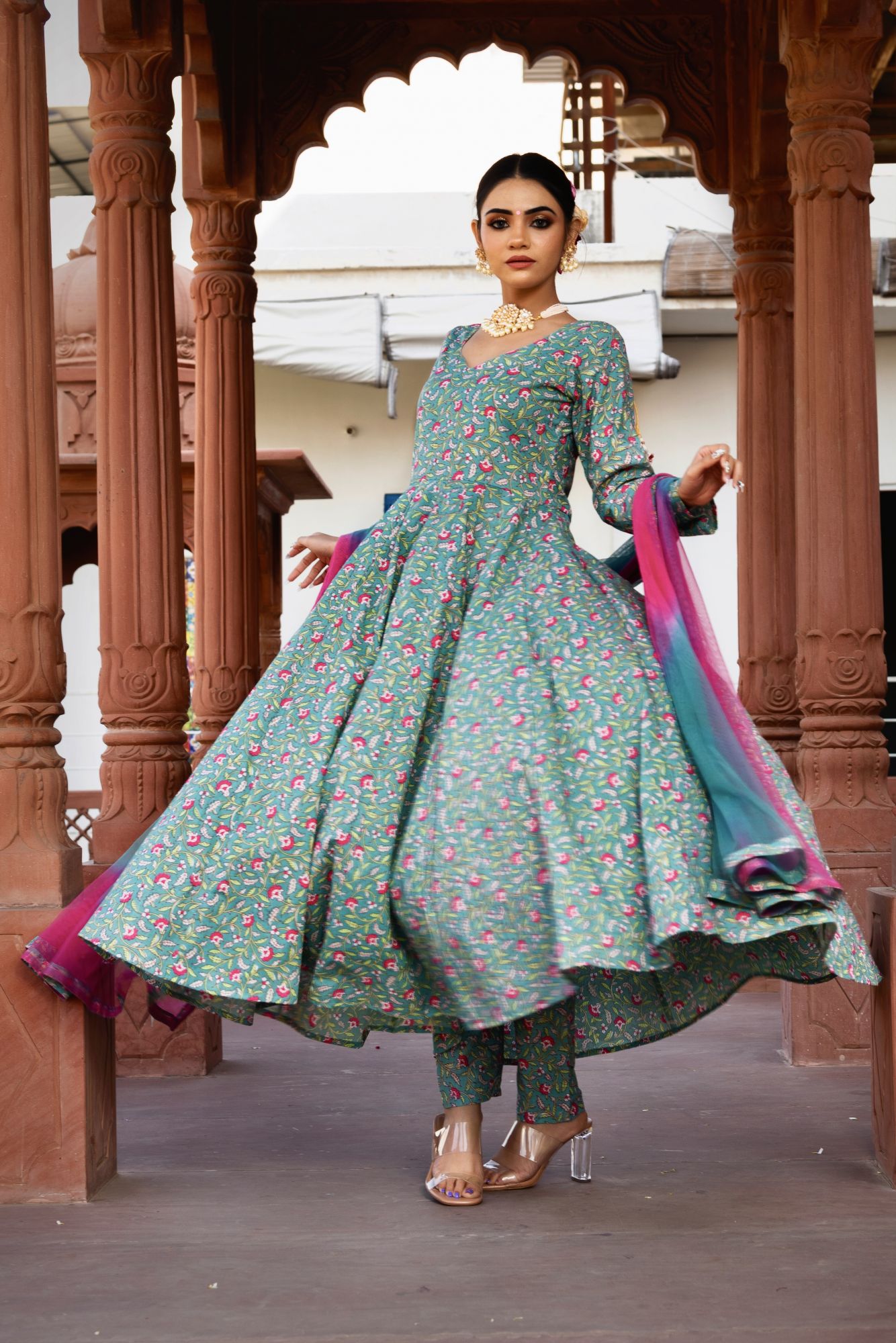 Coconut Garden Printed Anarkali Suit Set