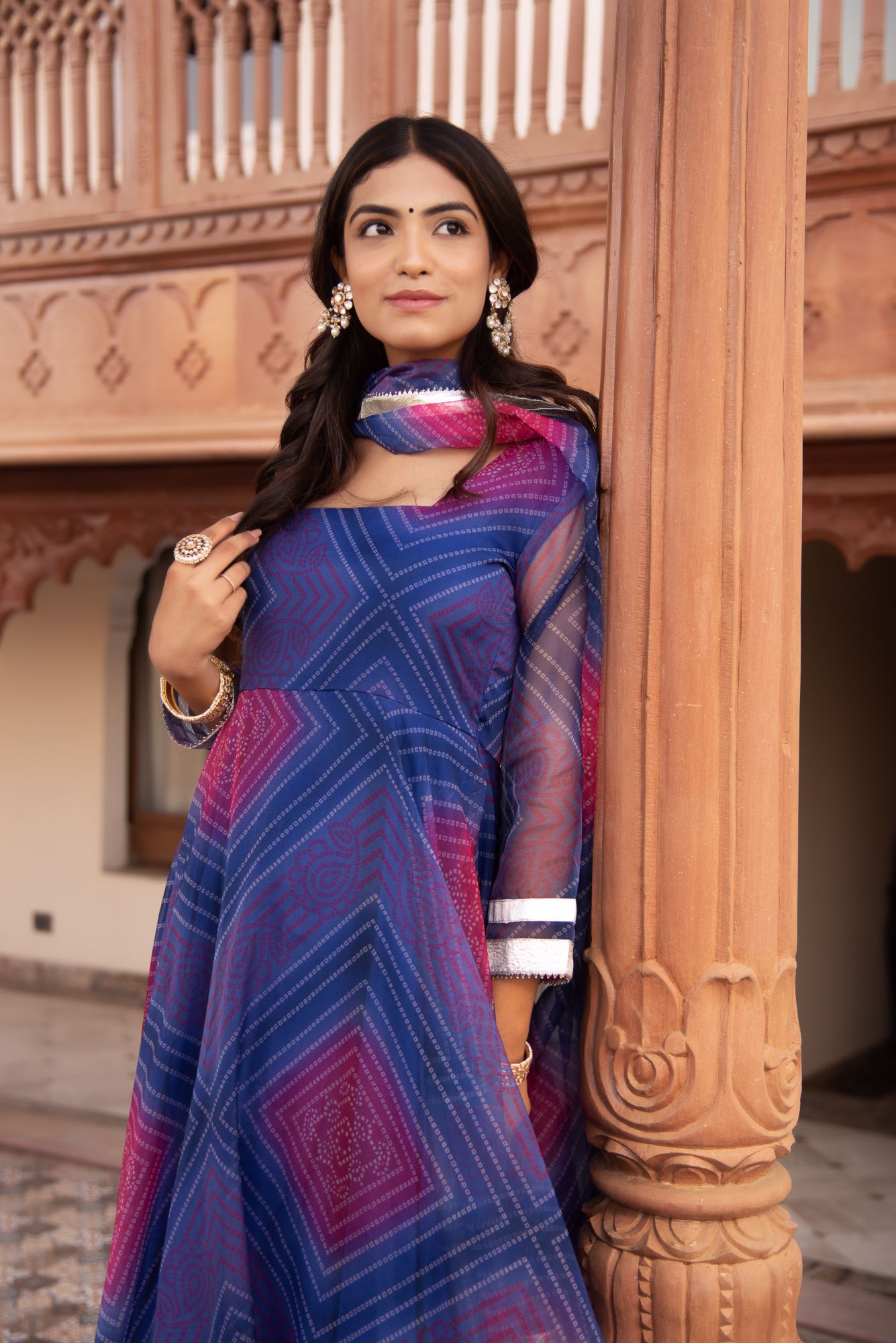 Blue And Purple Bhandhej Organza Gotapatti Anarkali Suit Set