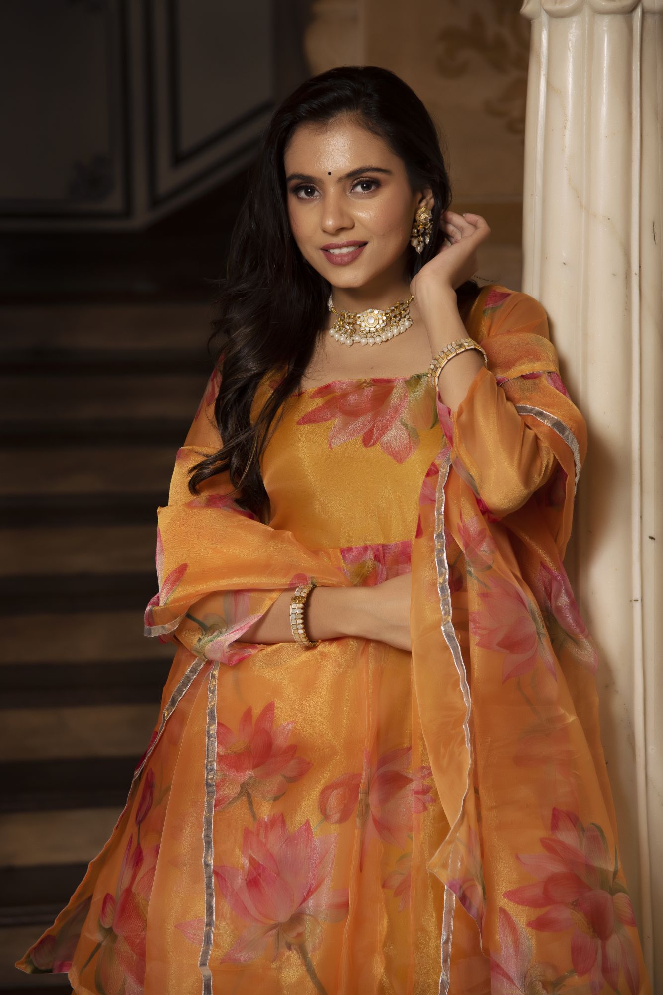 Orange Floral Anarkali Suit Set