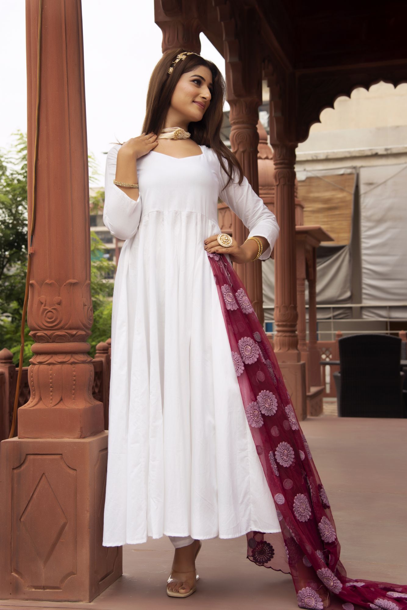 White Anarkali Suit Set with Purple Embroided Dupatta