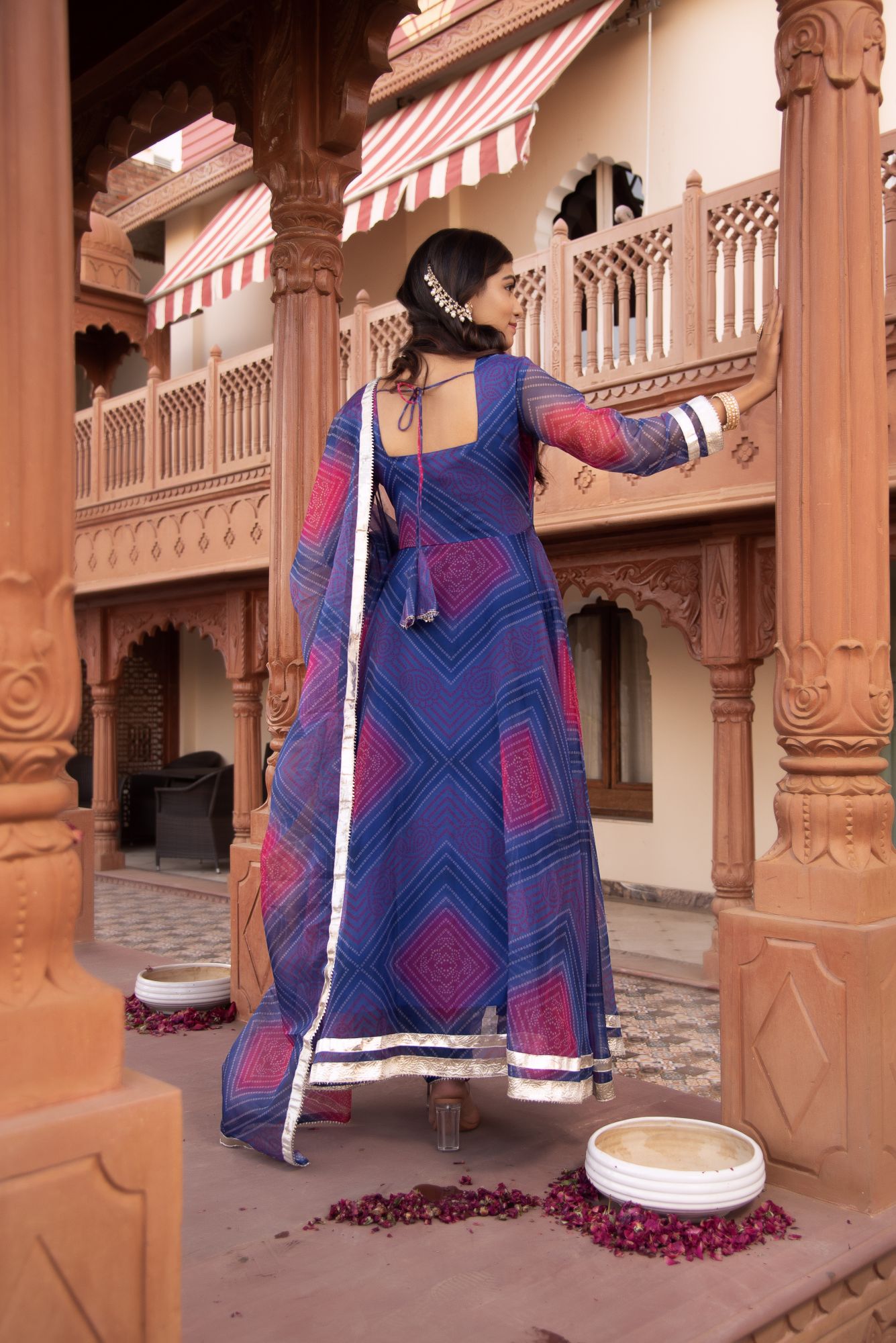 Blue And Purple Bhandhej Organza Gotapatti Anarkali Suit Set