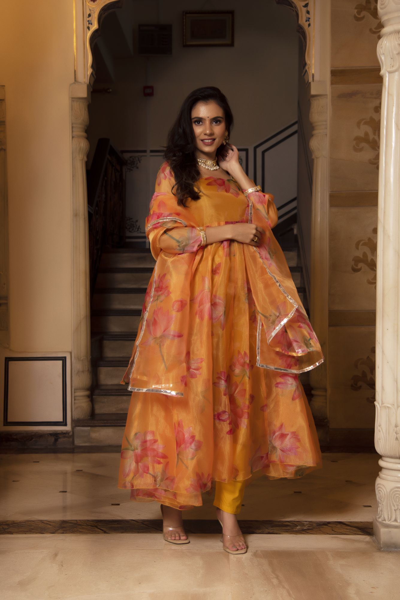 Orange Floral Anarkali Suit Set