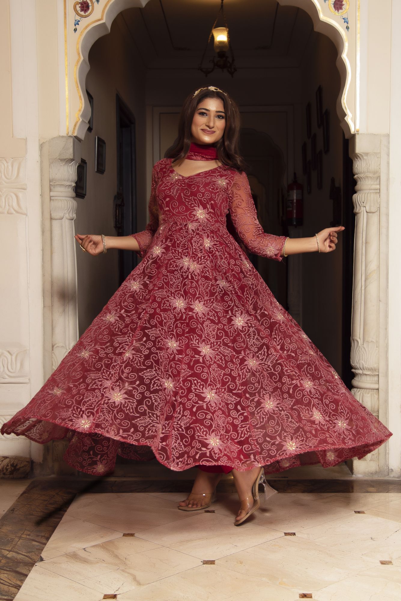 Maroon Embroided Anarkali Suit Set