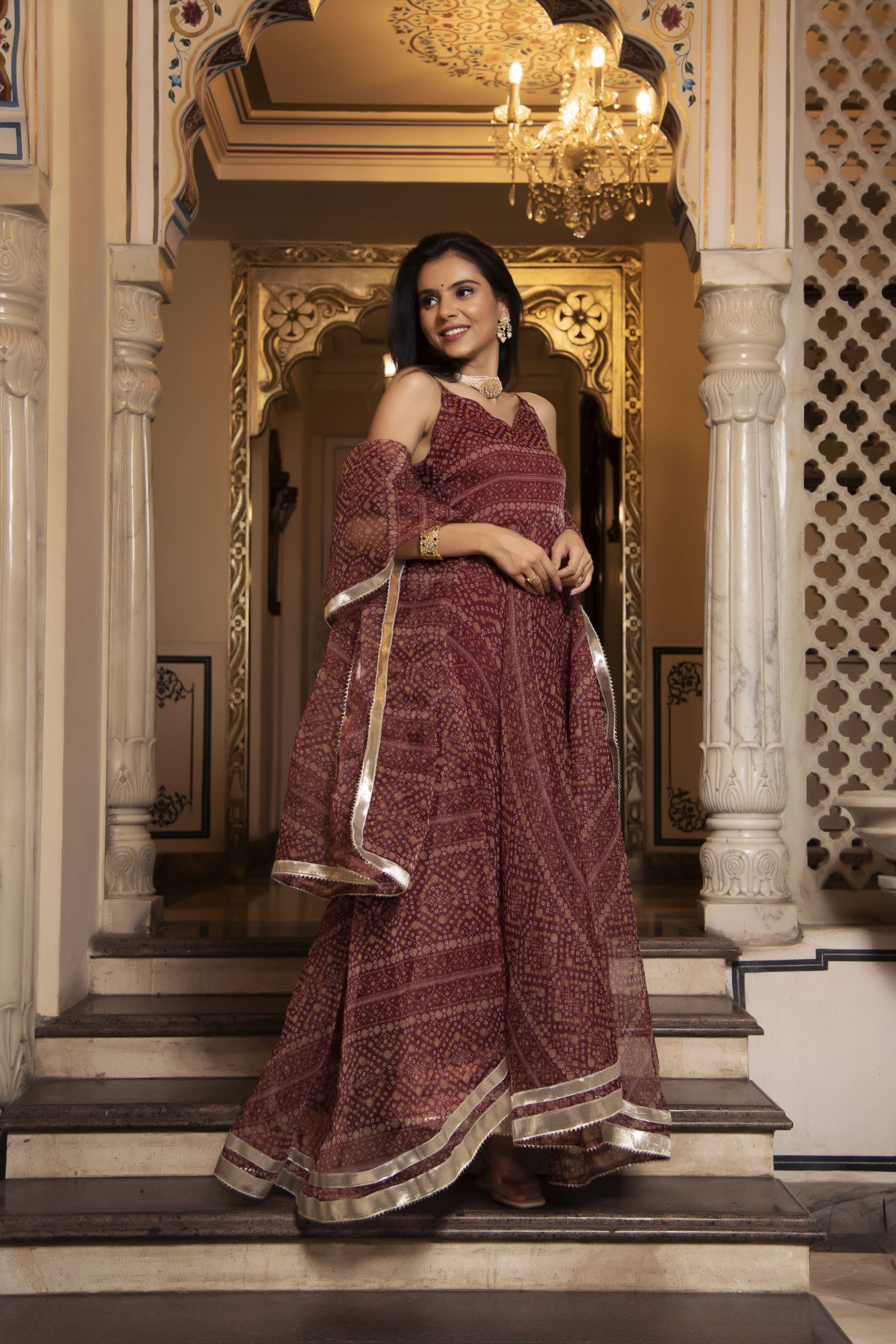 Bhandhej Brown Organza Gotapatti Anarkali Suit Set