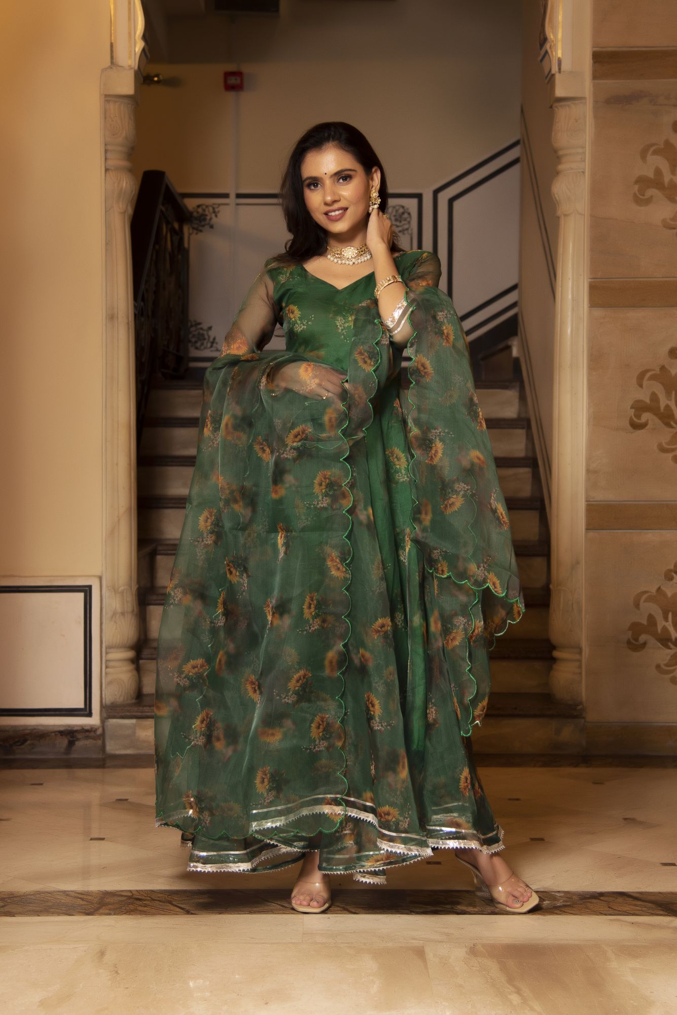 Green Garden Floral Anarkali Suit Set