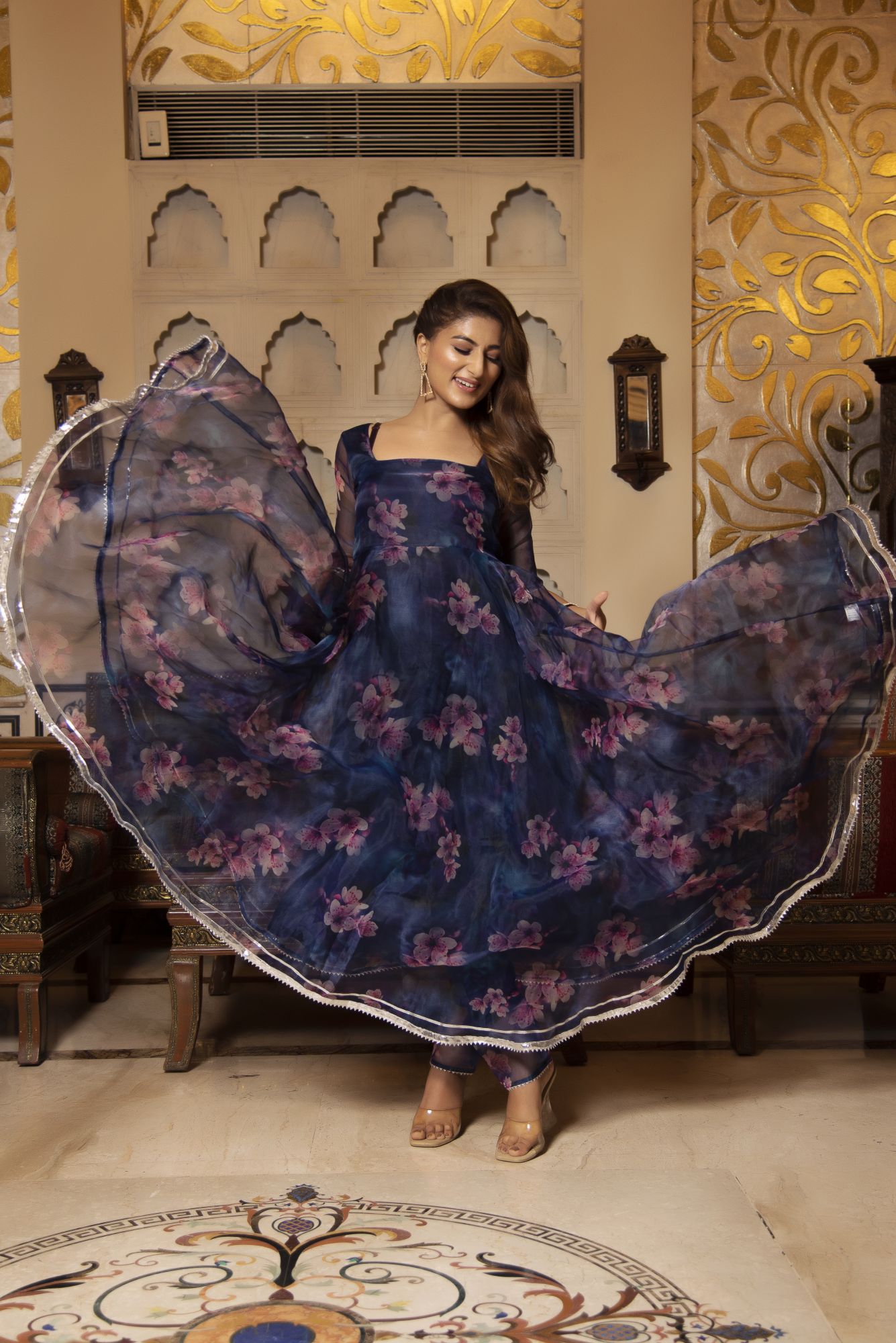 Evening Blue Floral Anarkali Suit Set