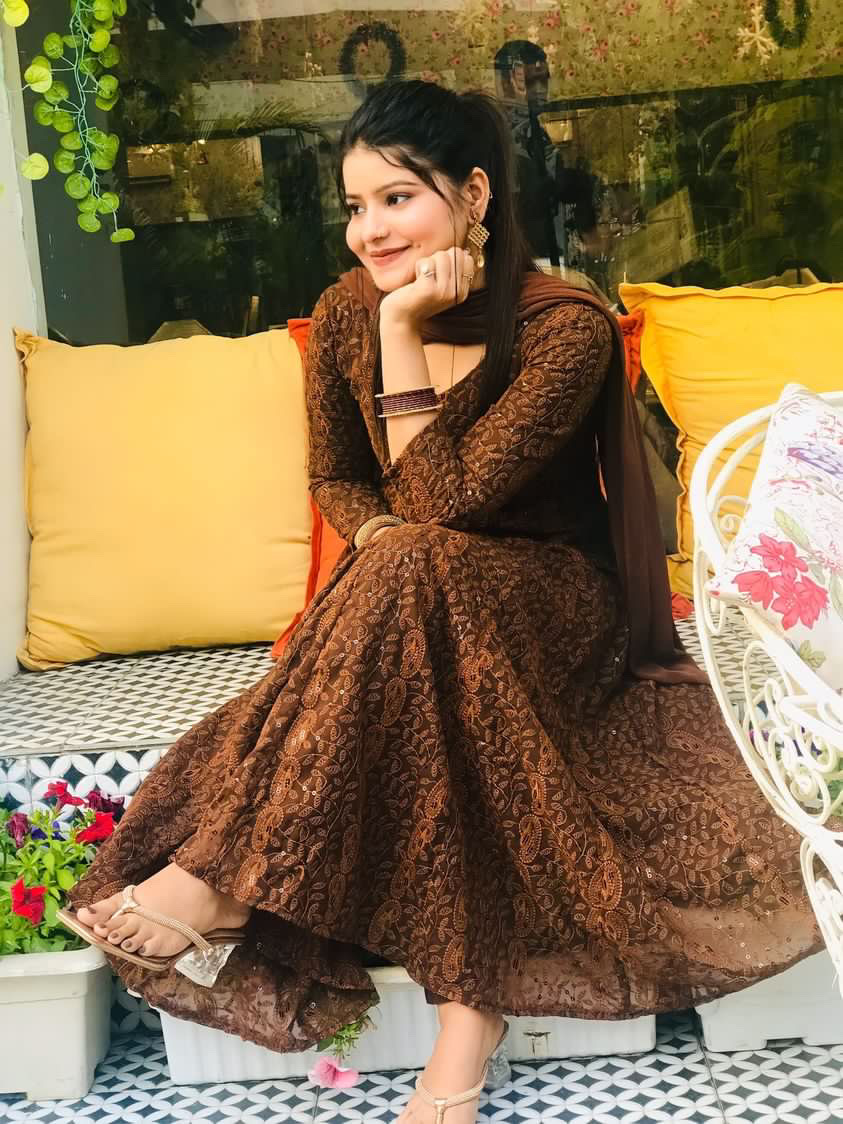 Brown Berry Chikankari Anarkali Suit Set