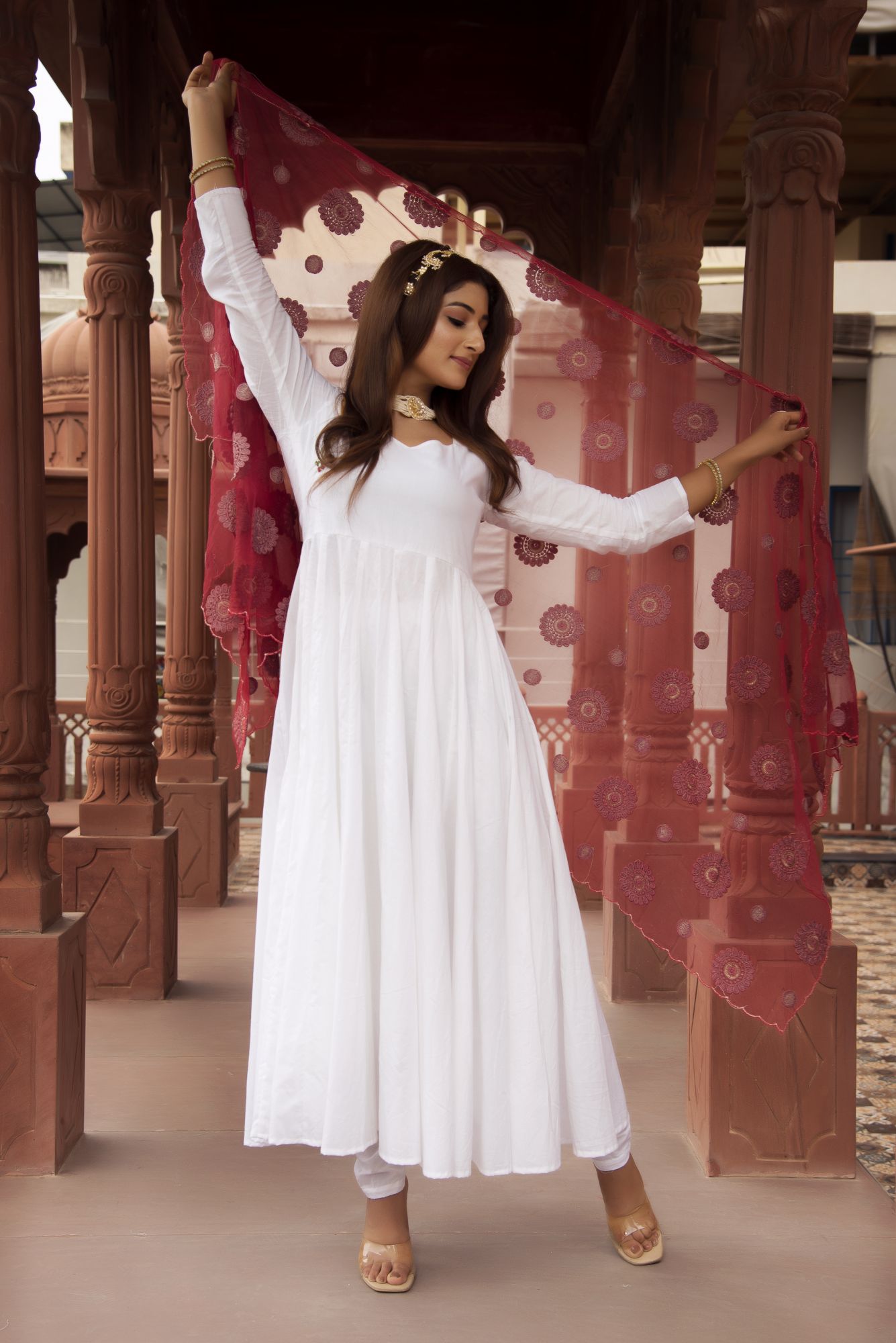 White Anarkali Suit Set with Maroon Embroided Dupatta