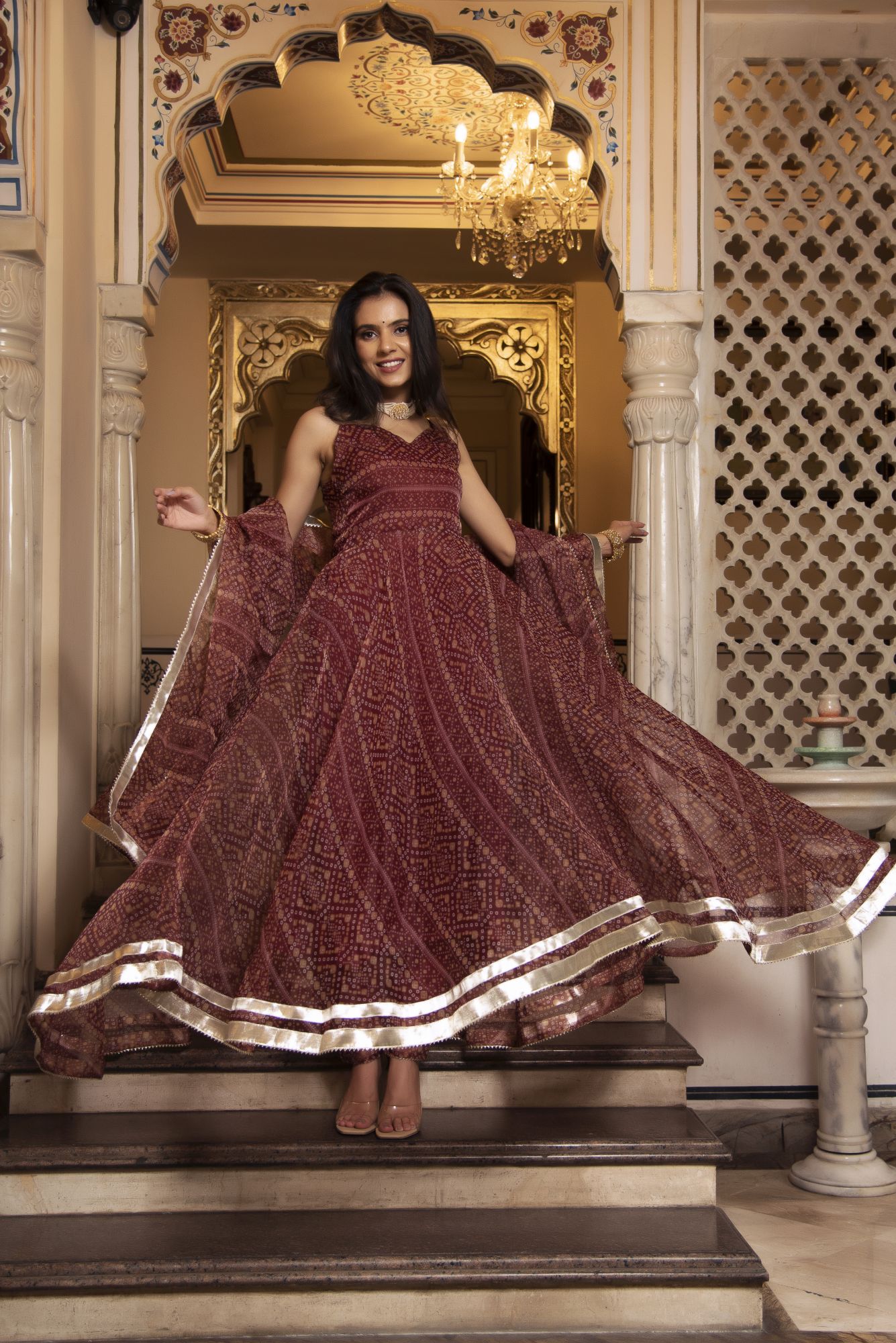 Bhandhej Brown Organza Gotapatti Anarkali Suit Set