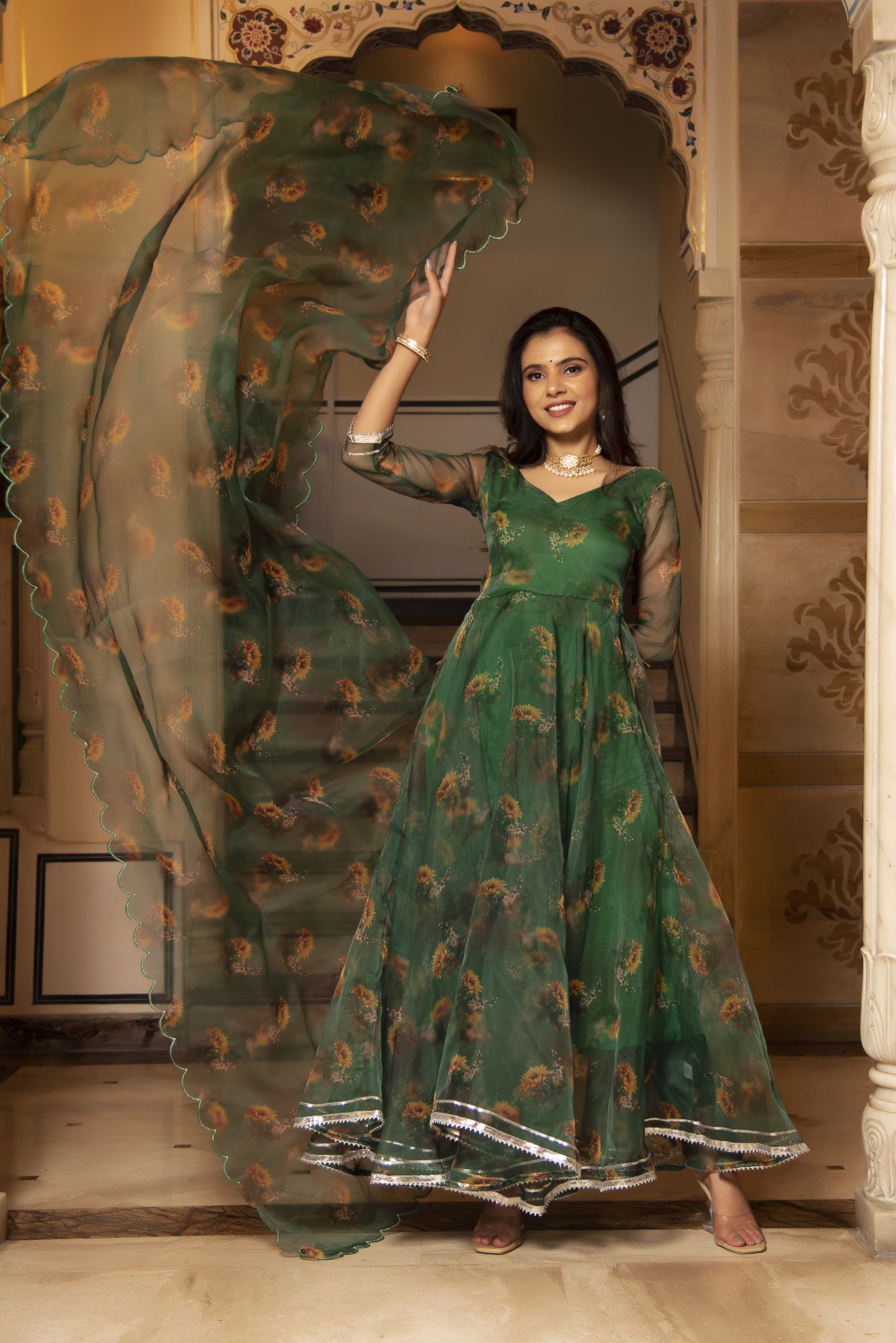 Green Garden Floral Anarkali Suit Set