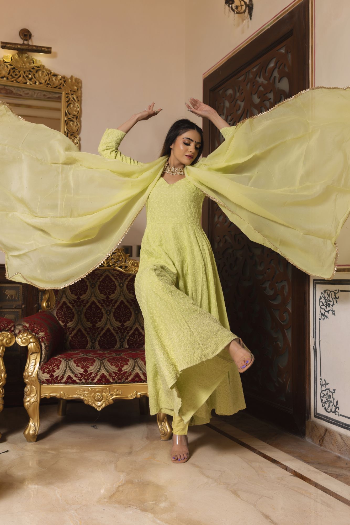 Pop Mint Chikankari Anarkali Suit Set