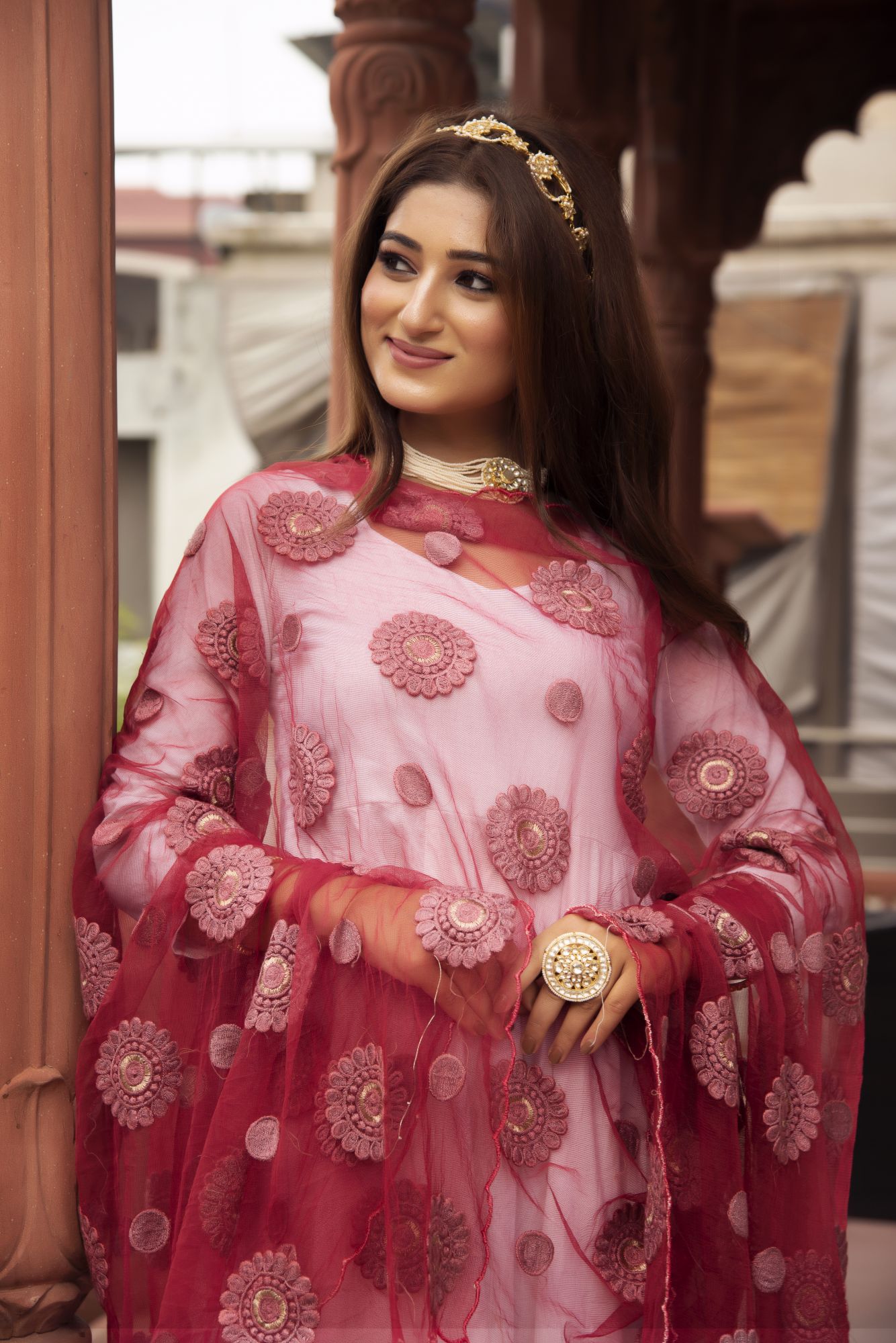 White Anarkali Suit Set with Maroon Embroided Dupatta