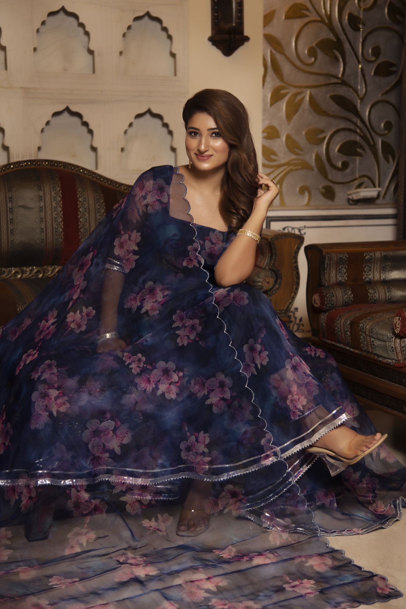 Evening Blue Floral Anarkali Suit Set