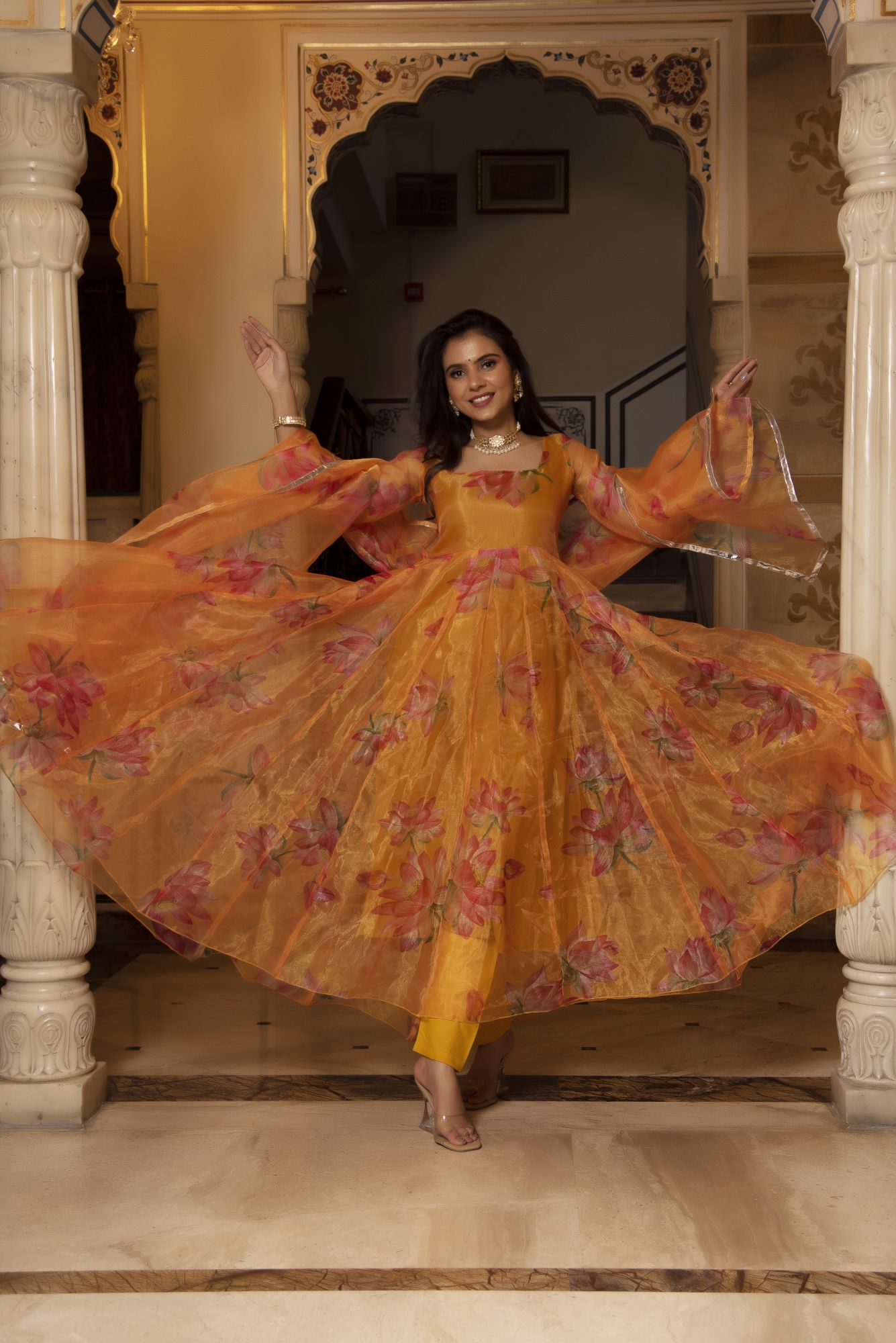 Orange Floral Anarkali Suit Set