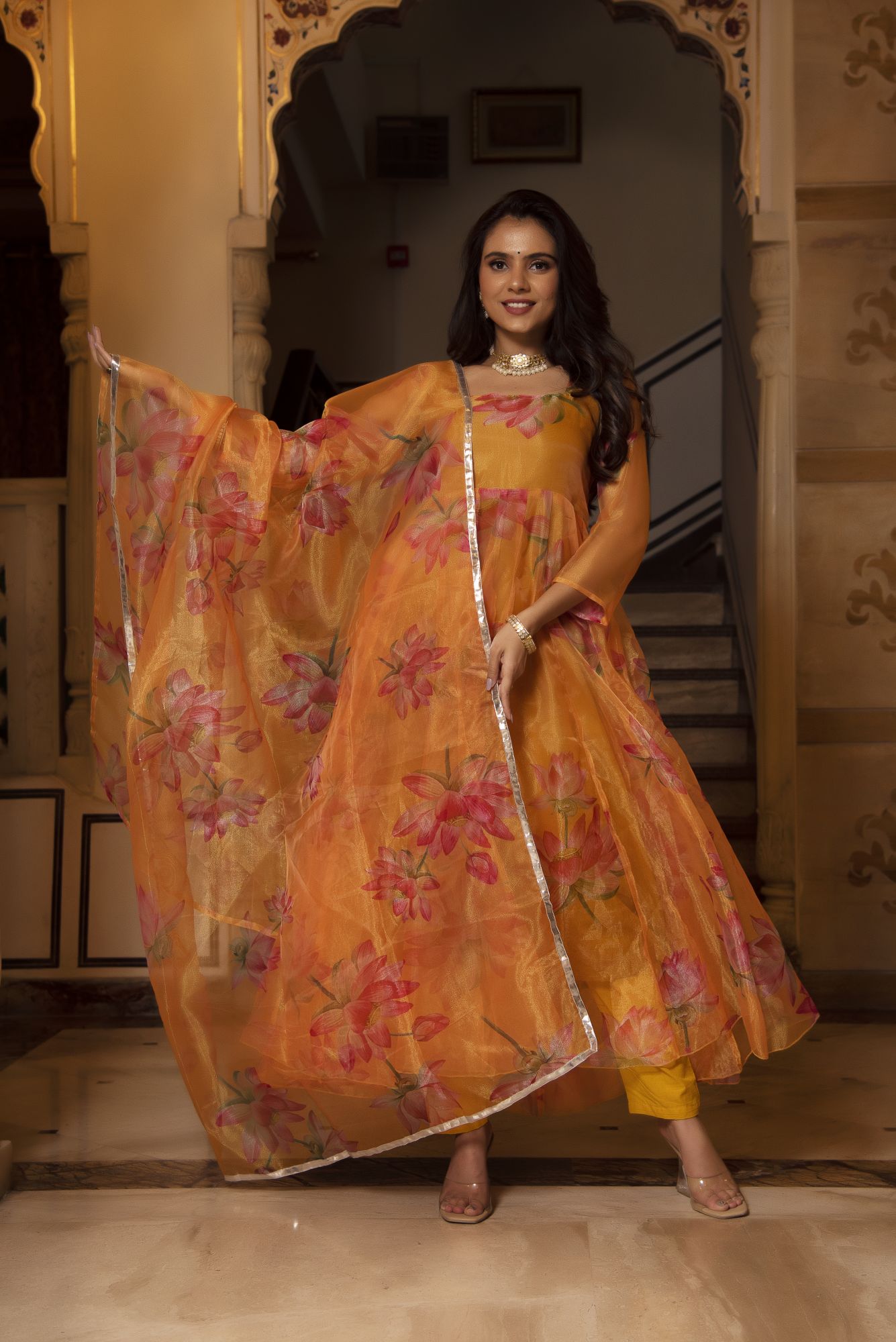 Orange Floral Anarkali Suit Set