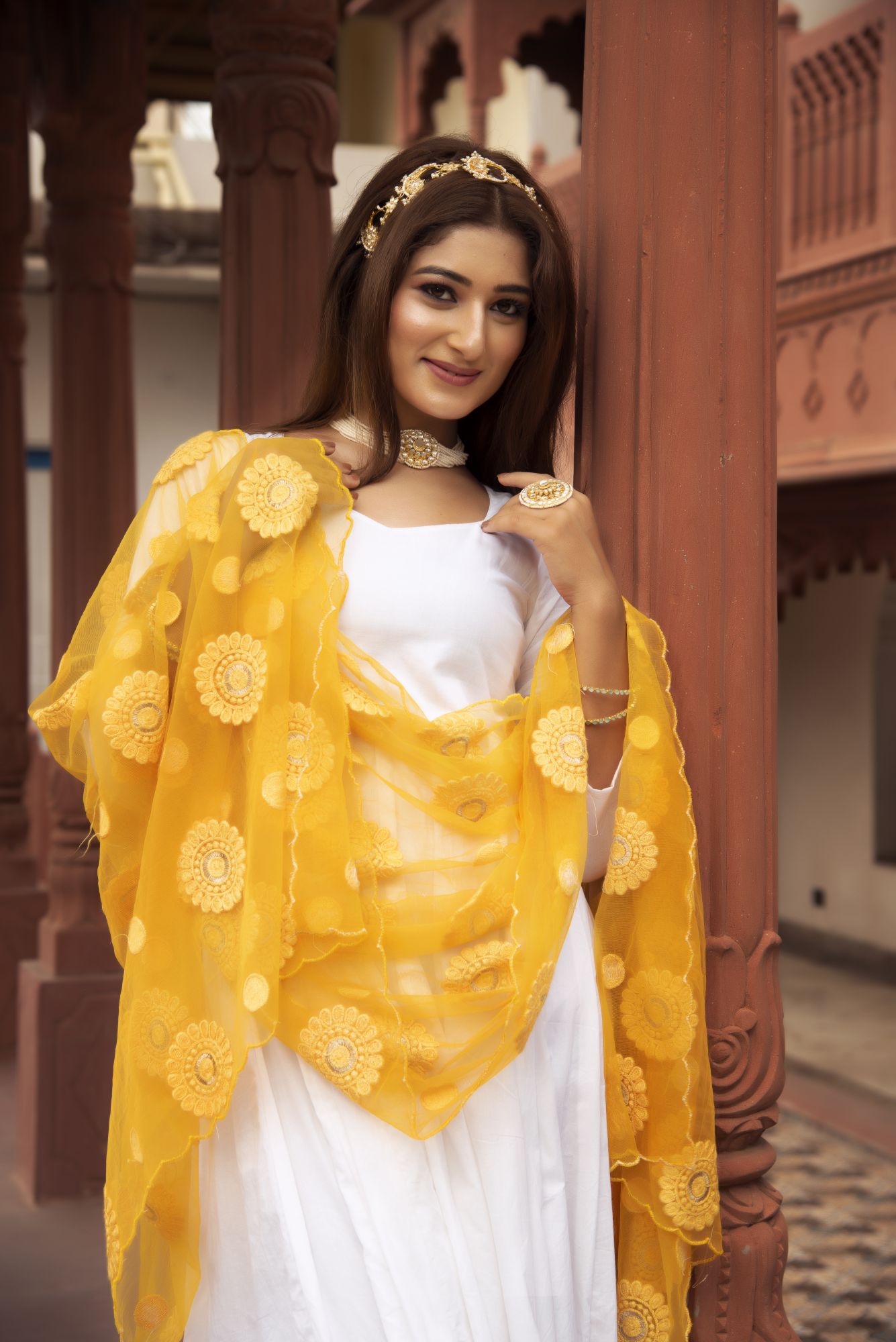 White Anarkali Suit Set with Yellow Embroided Dupatta