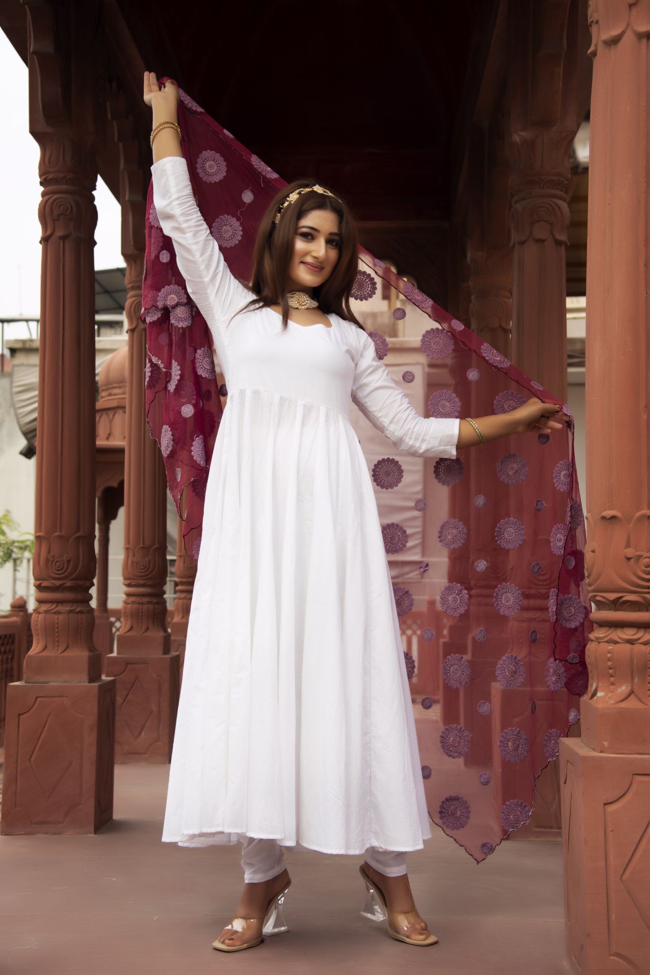 White Anarkali Suit Set with Purple Embroided Dupatta