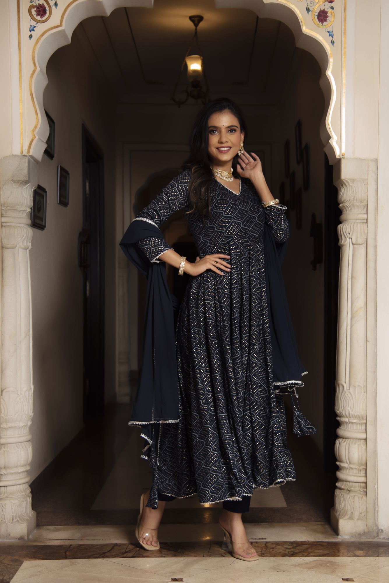 Navy Blue Printed Anarkali Suit Set