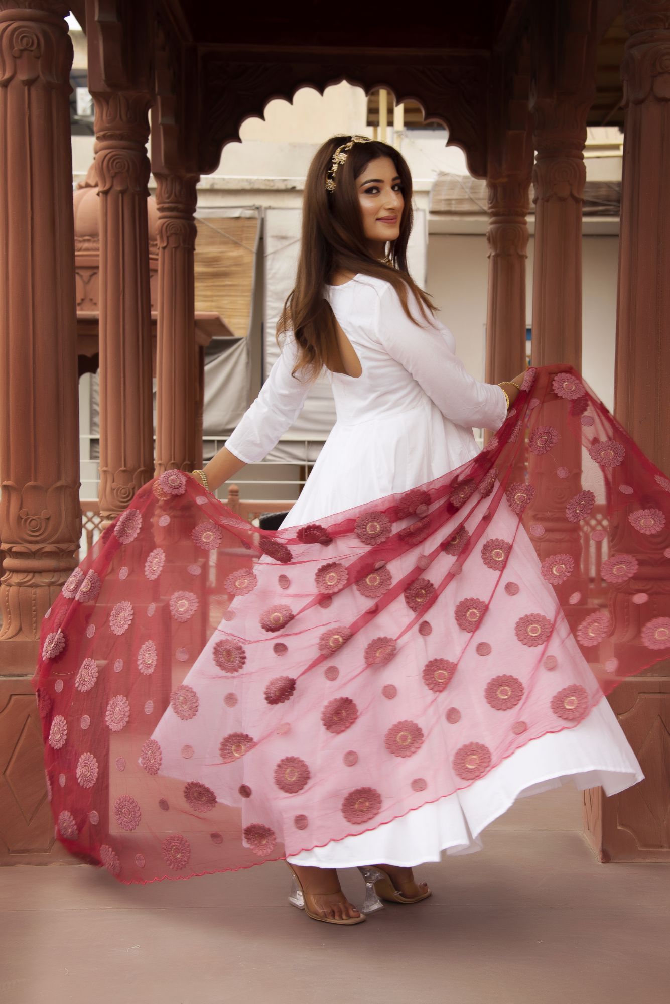 White Anarkali Suit Set with Maroon Embroided Dupatta