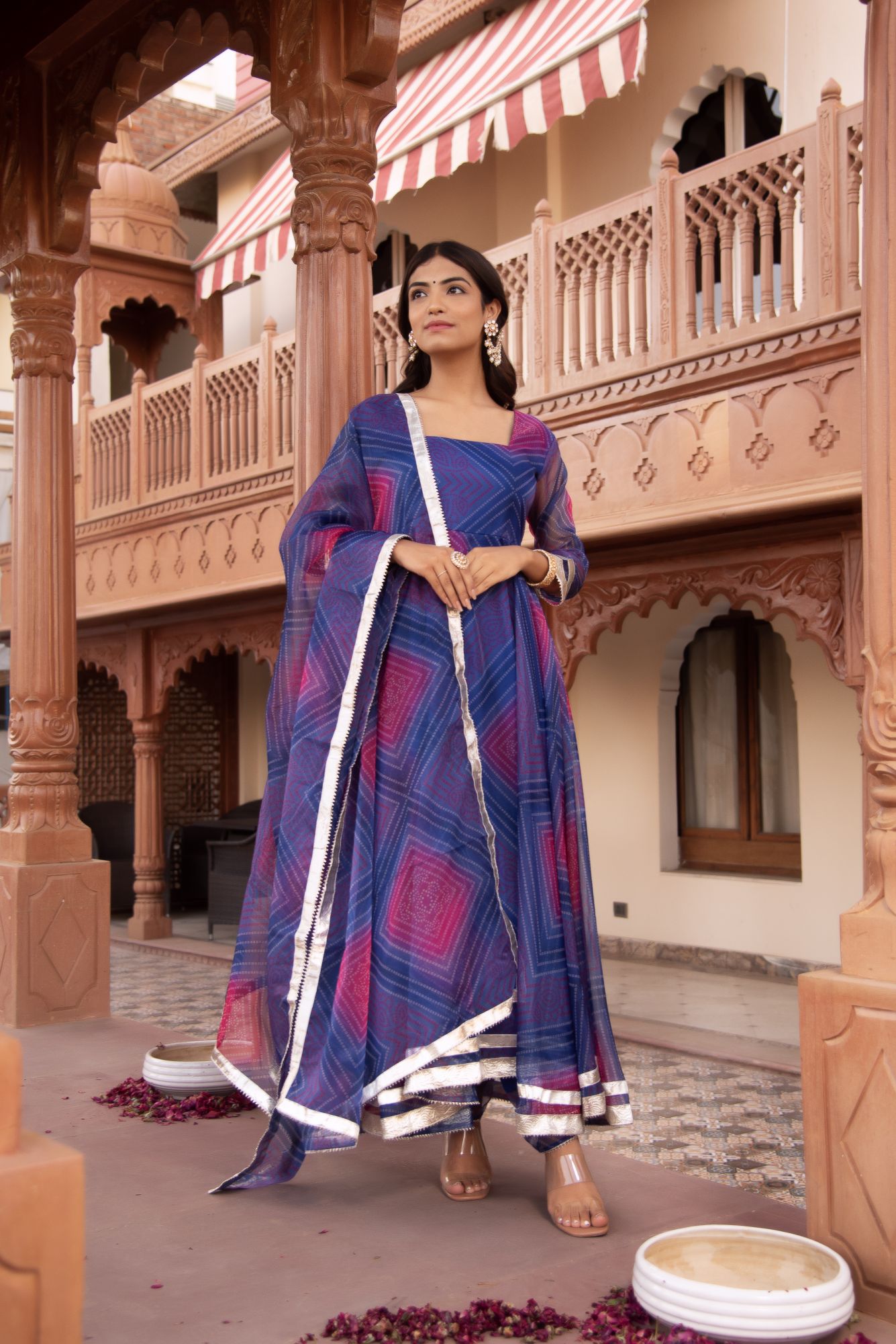 Blue And Purple Bhandhej Organza Gotapatti Anarkali Suit Set