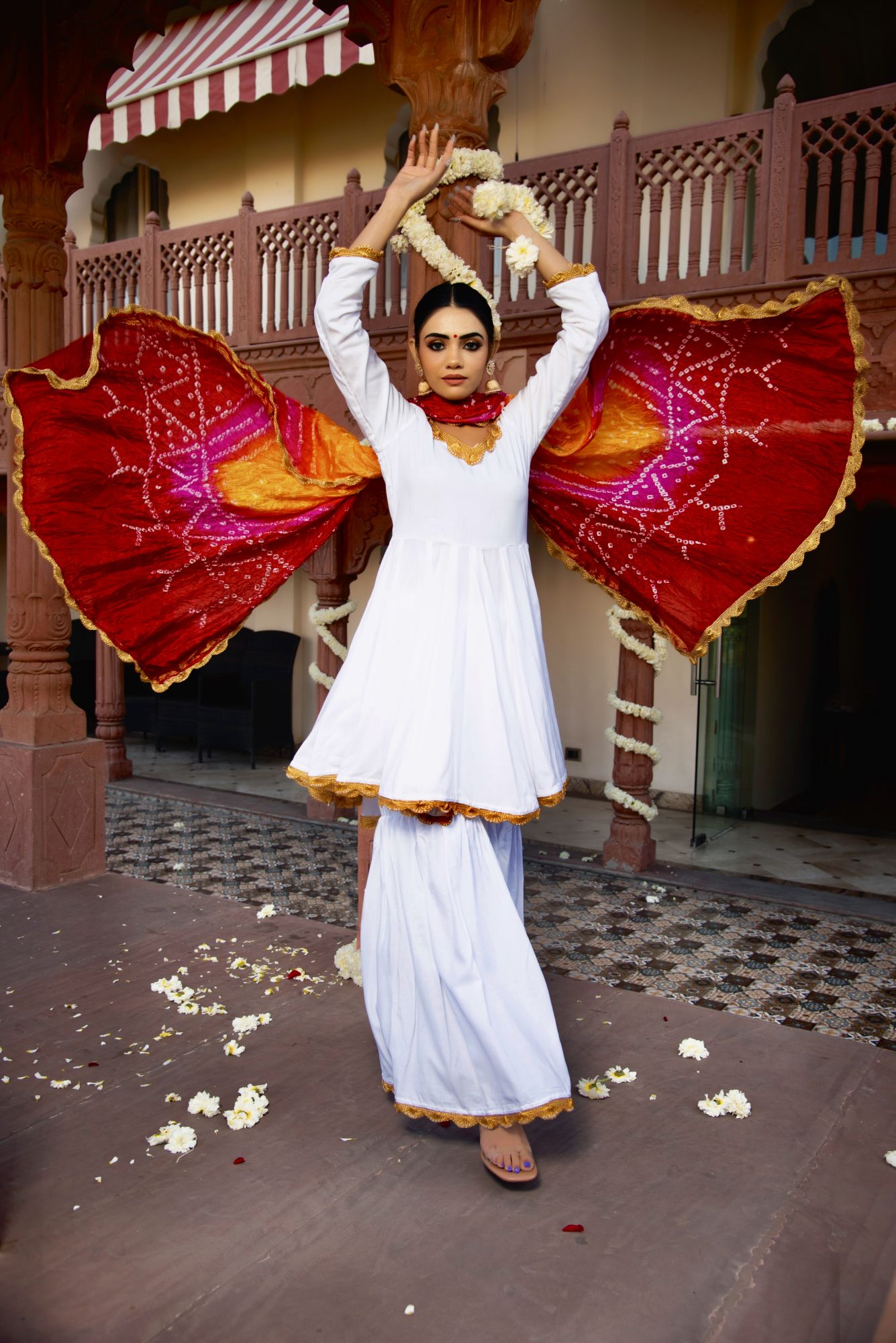 White Bhandhej Gotapatti Sharara Set